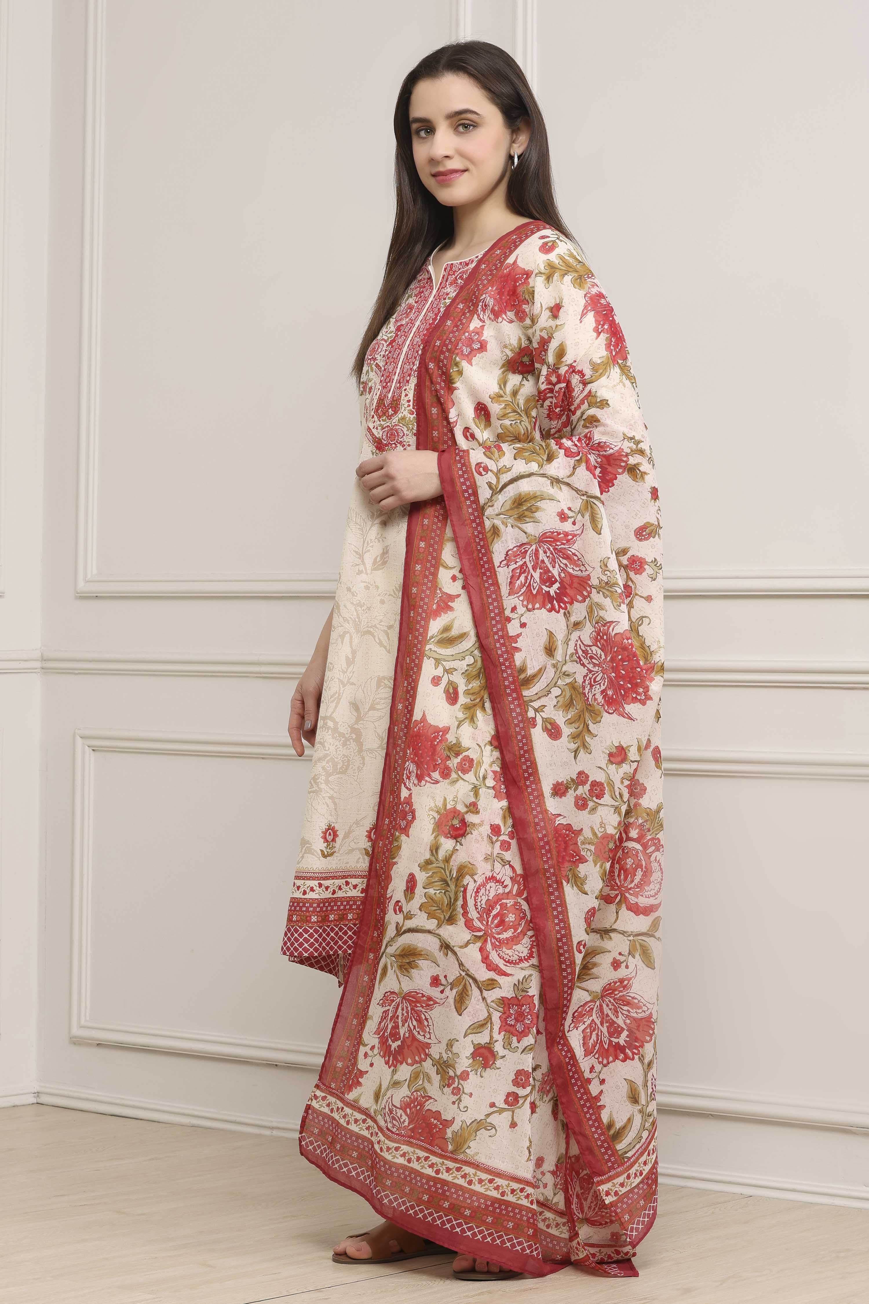 Off-White Cotton Floral Printed Straight Suit Set image number 3