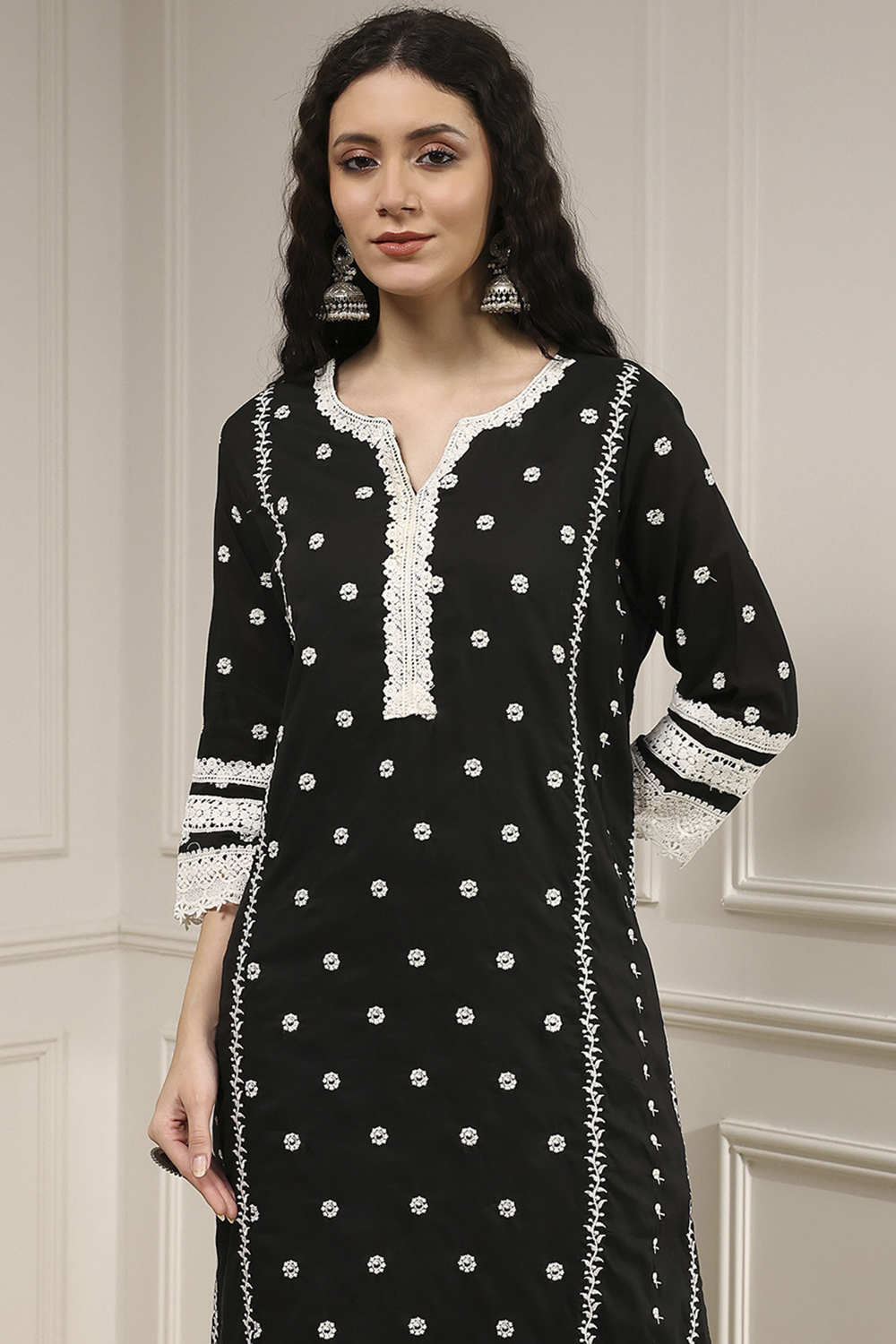 Black Chanderi Embroidered Straight Suit Set image number 1