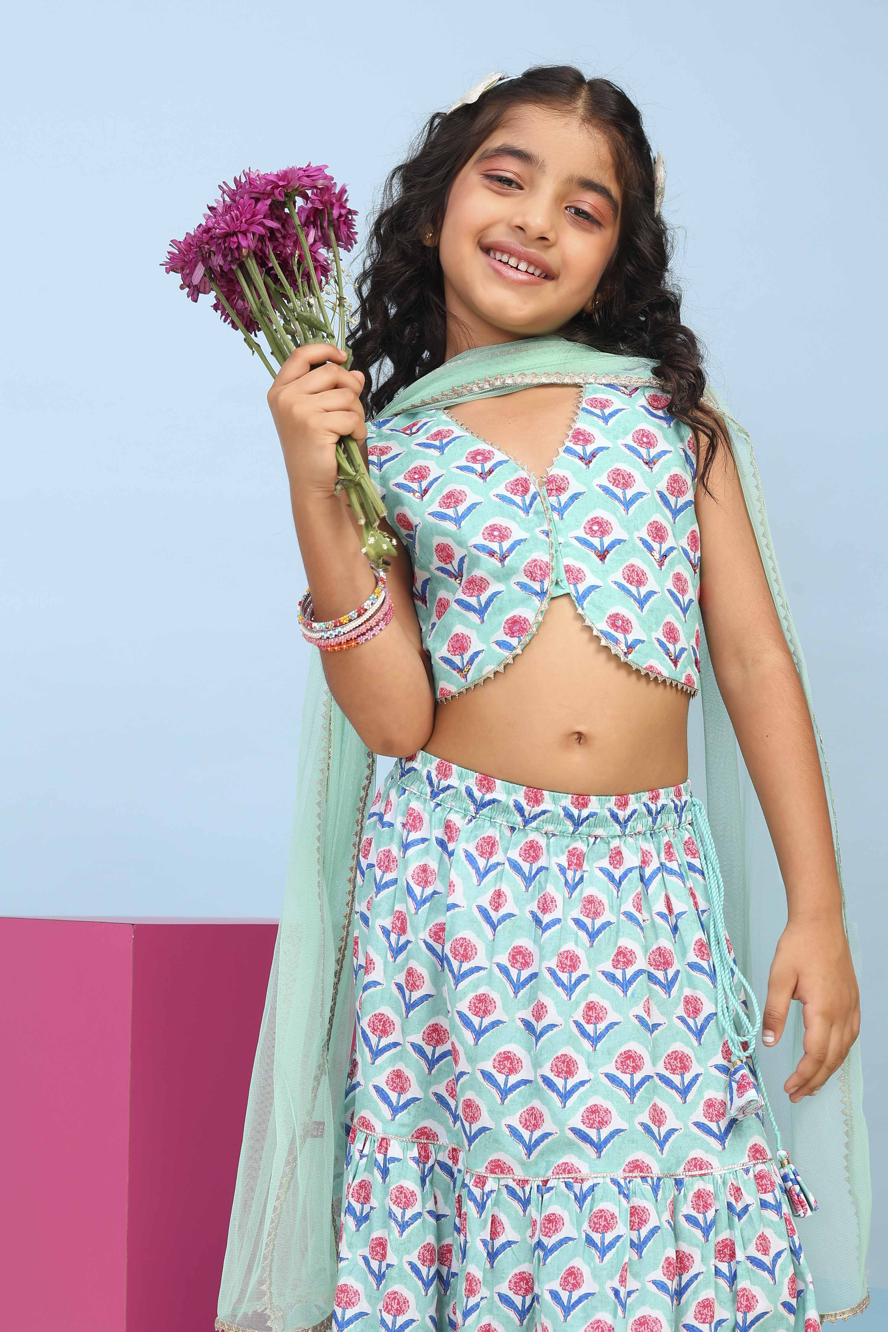 Lilac Cotton Printed Straight Lehenga Set image number 6