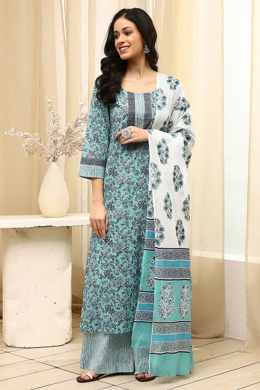 Turquoise Cotton Hand Block Print Unstitched Suit Set image number 7