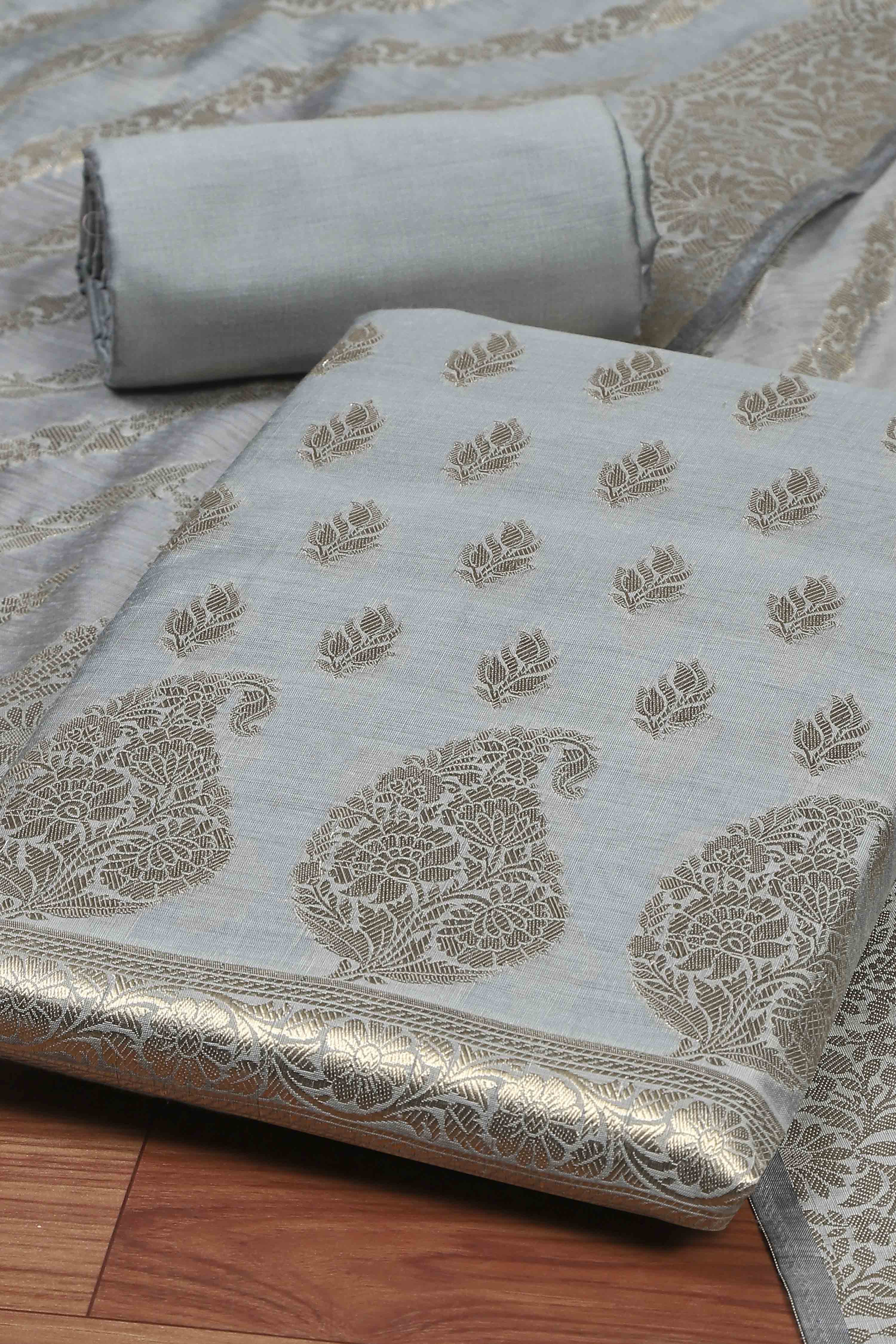 Blue Chanderi  Unstitched Suit Set image number 1