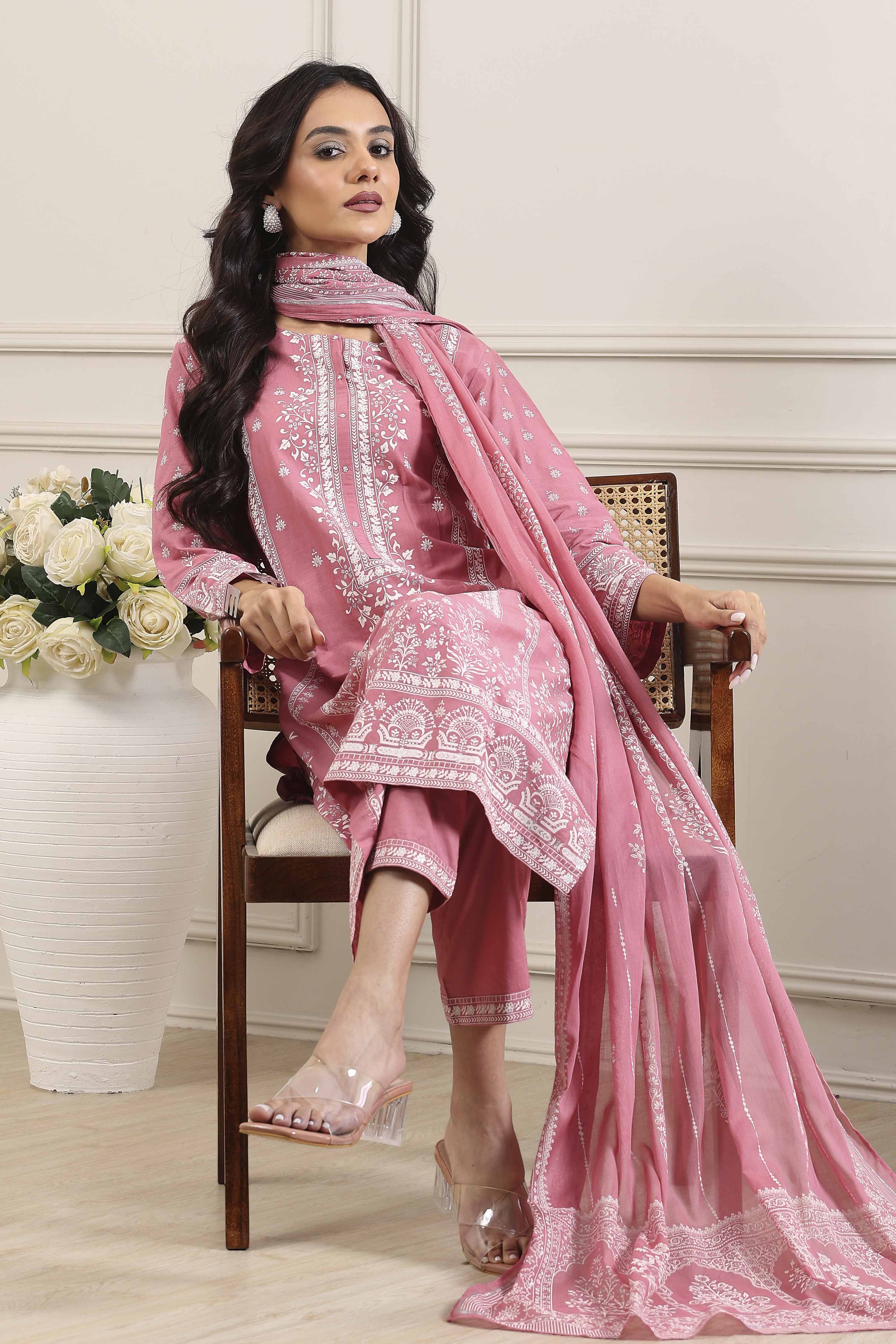Pink Cotton Straight Suit Set image number 7