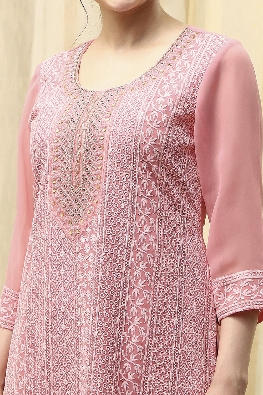 Yellow Georgette Schiffli Unstitched Suit Set image number 2