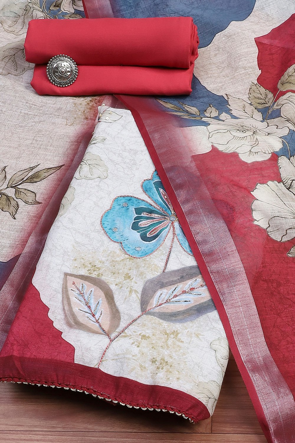 Red Linen Blend Machine Embroidered Unstitched Suit Set image number 0