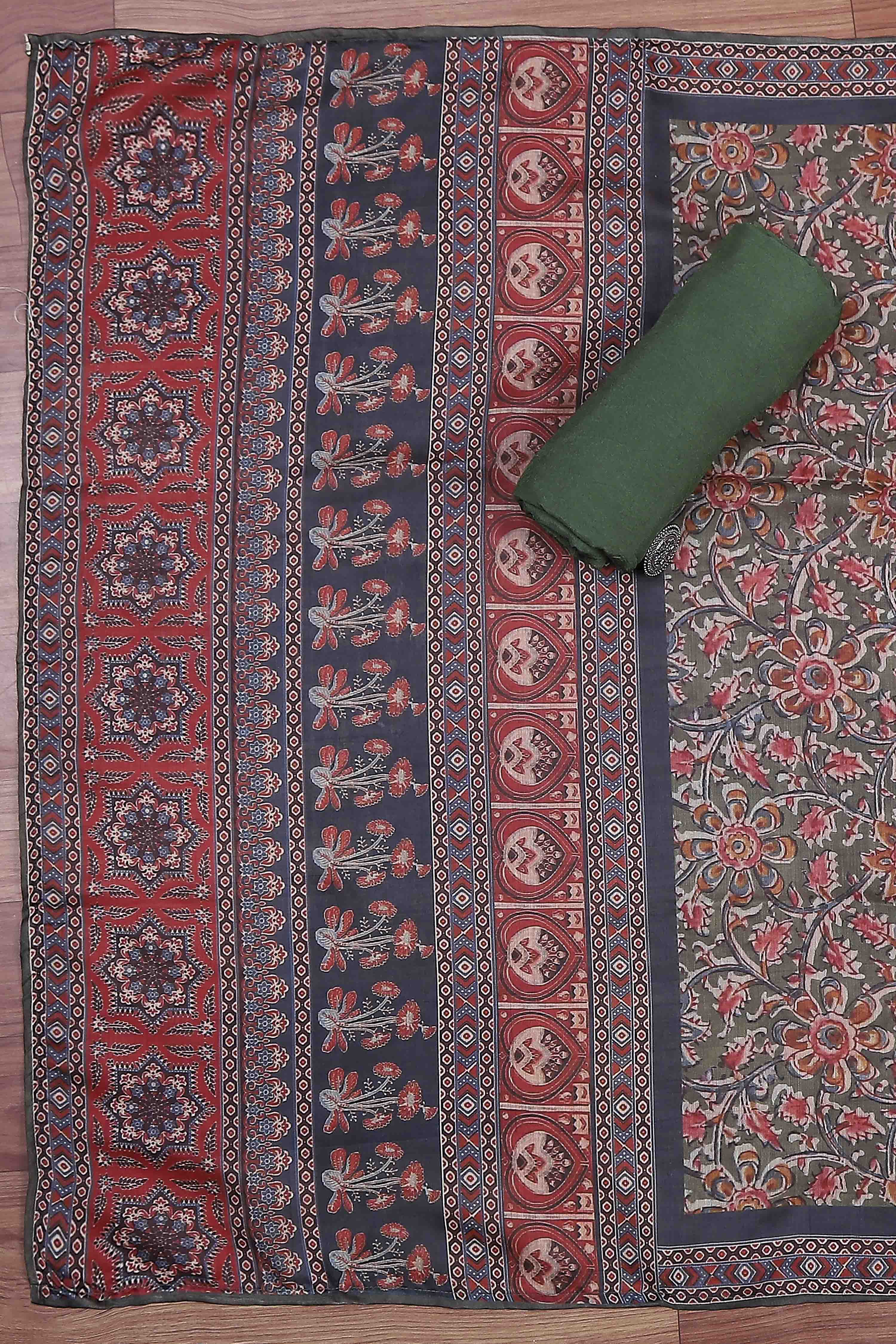 Olive Green Chanderi Rajasthani Print Unstitched Suit Set image number 3
