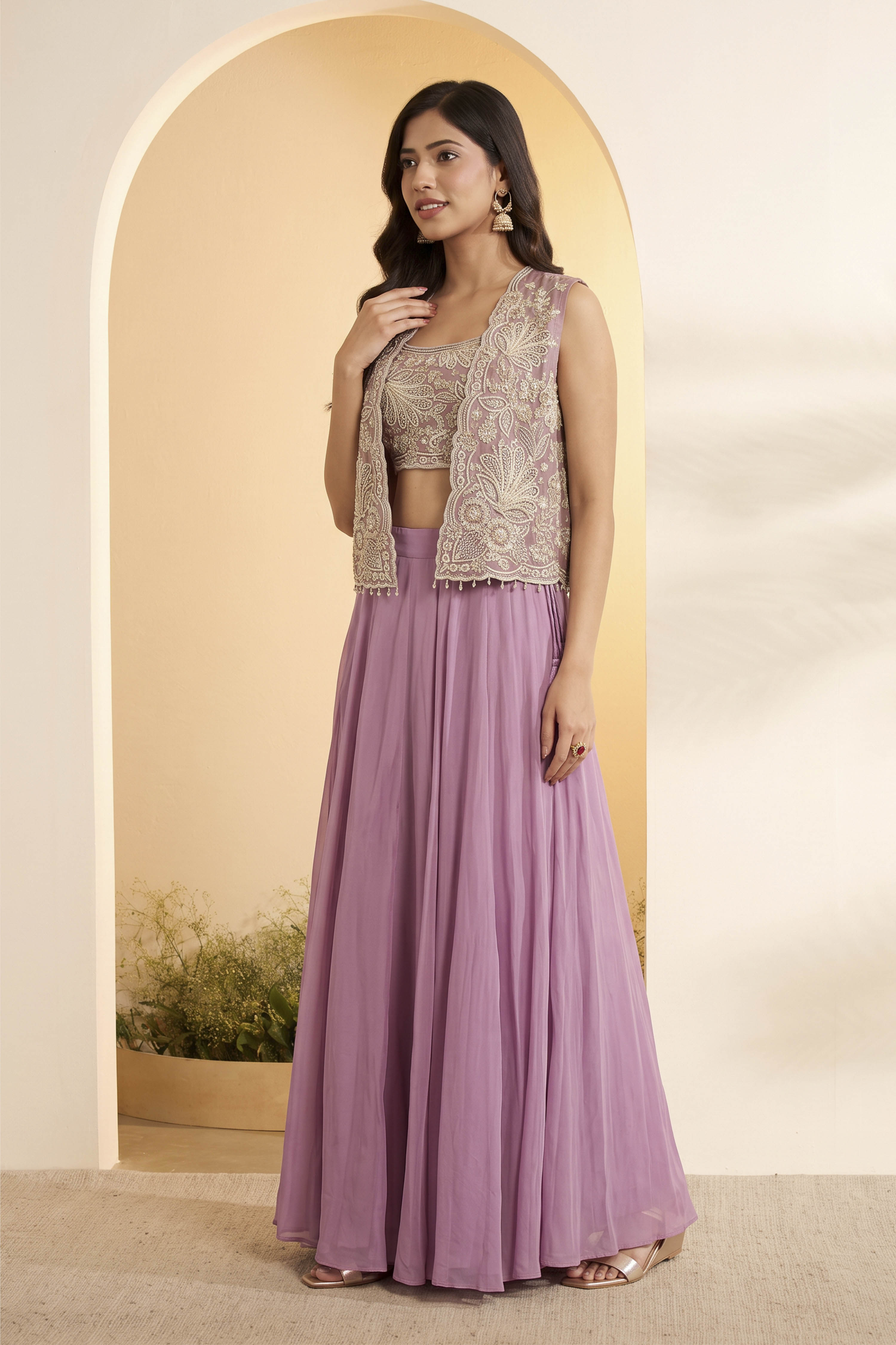 Dusty Lilac Viscose Rayon Embellished Skirt Set with Jacket image number 2