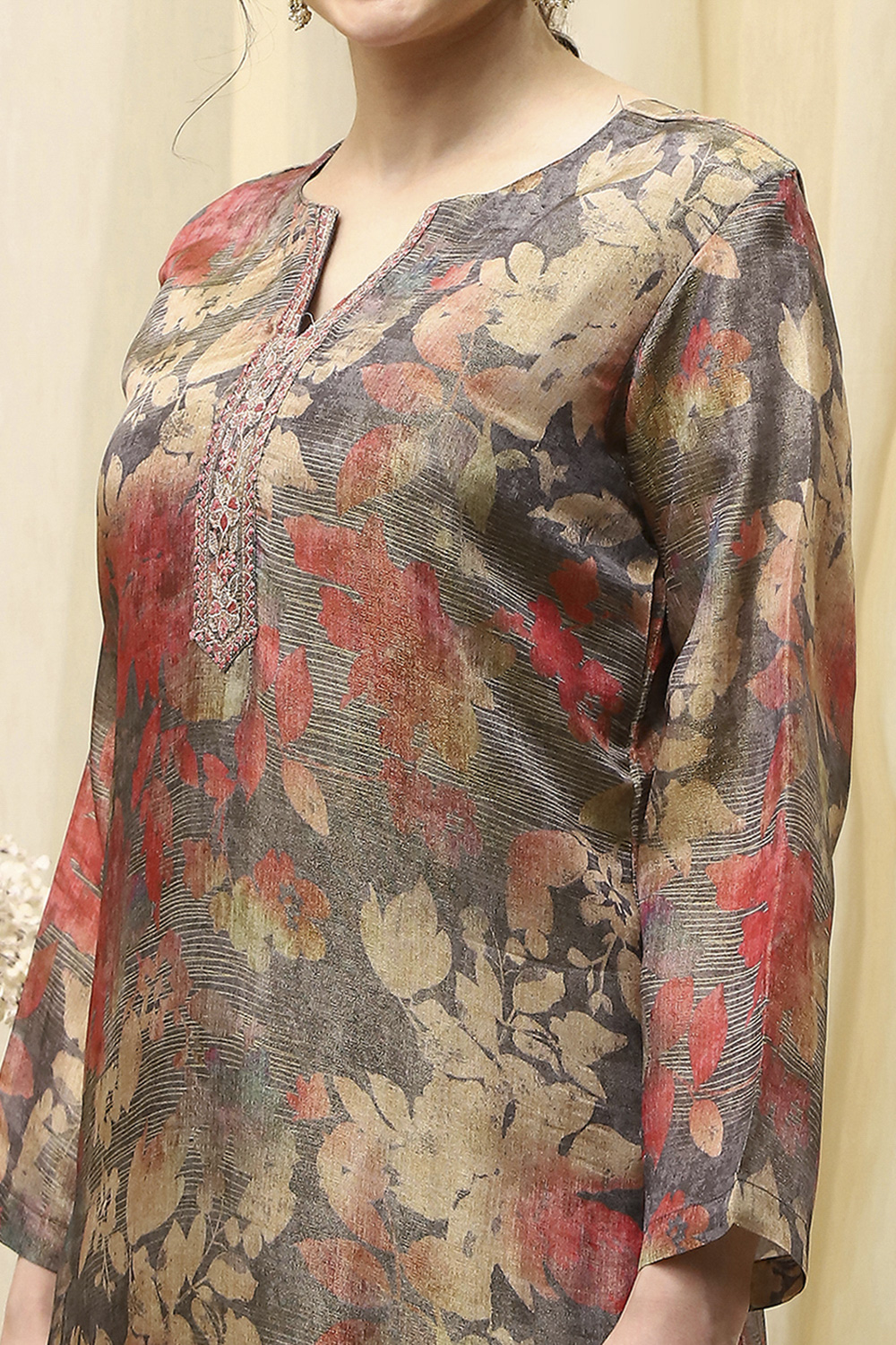 Grey Tissue Printed Embroidered Unstitched Suit Set image number 2