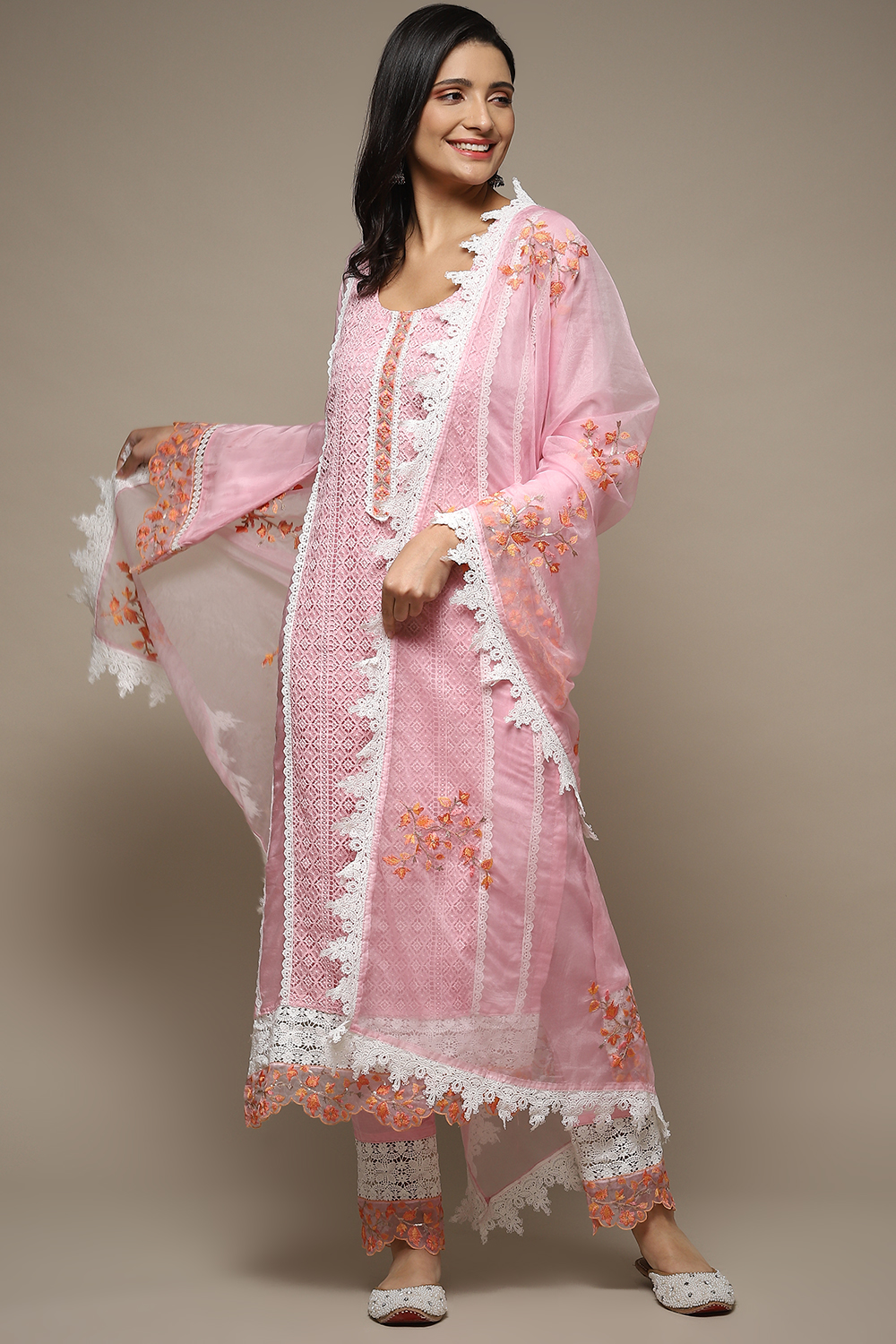 Light Pink Muslin Lace Unstitched Suit Set image number 1