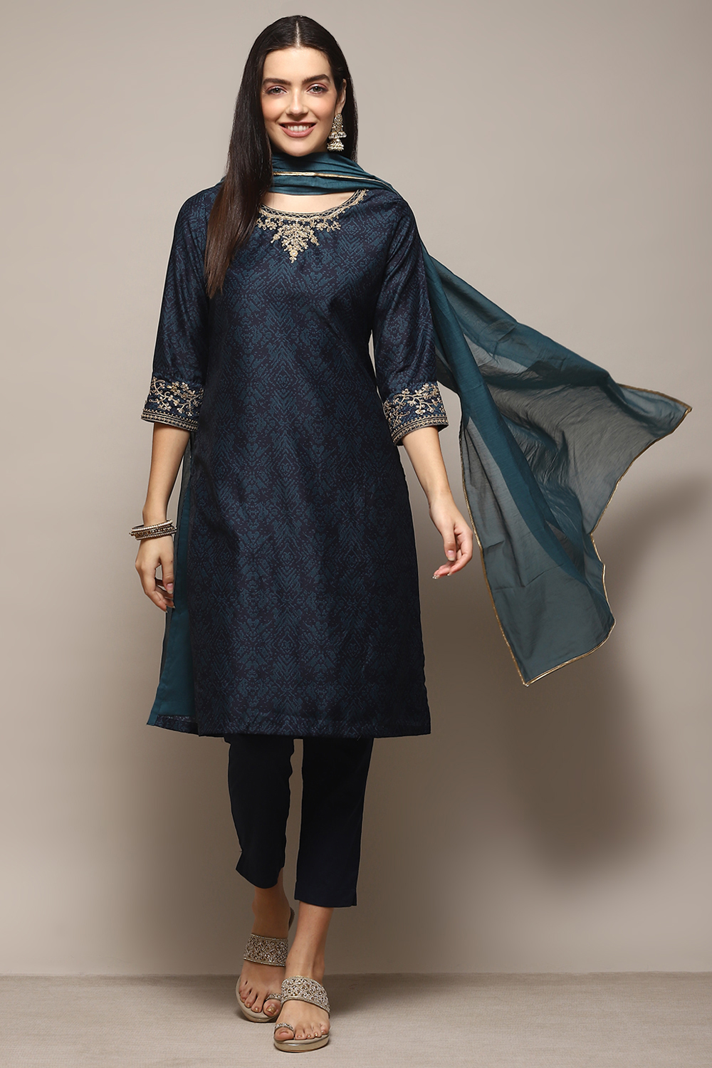 Teal Cotton Satin Narrow Kurta Pant Suit Set image number 0