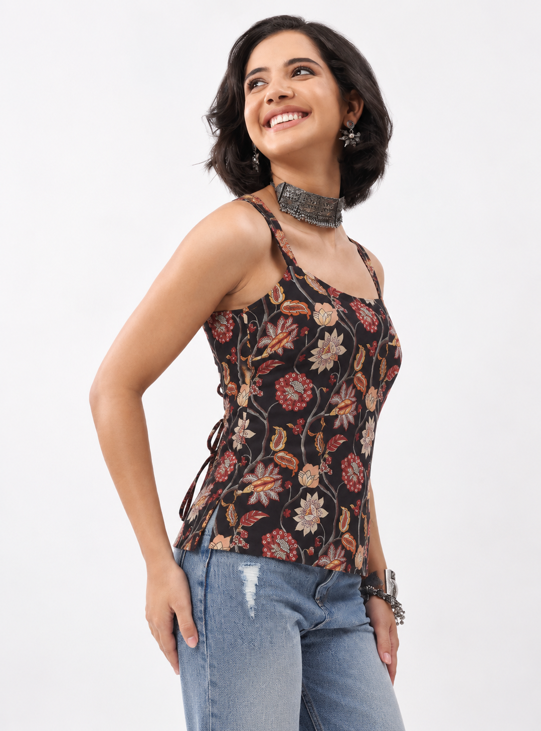 Black Cotton Floral Printed Straight Top image number 3