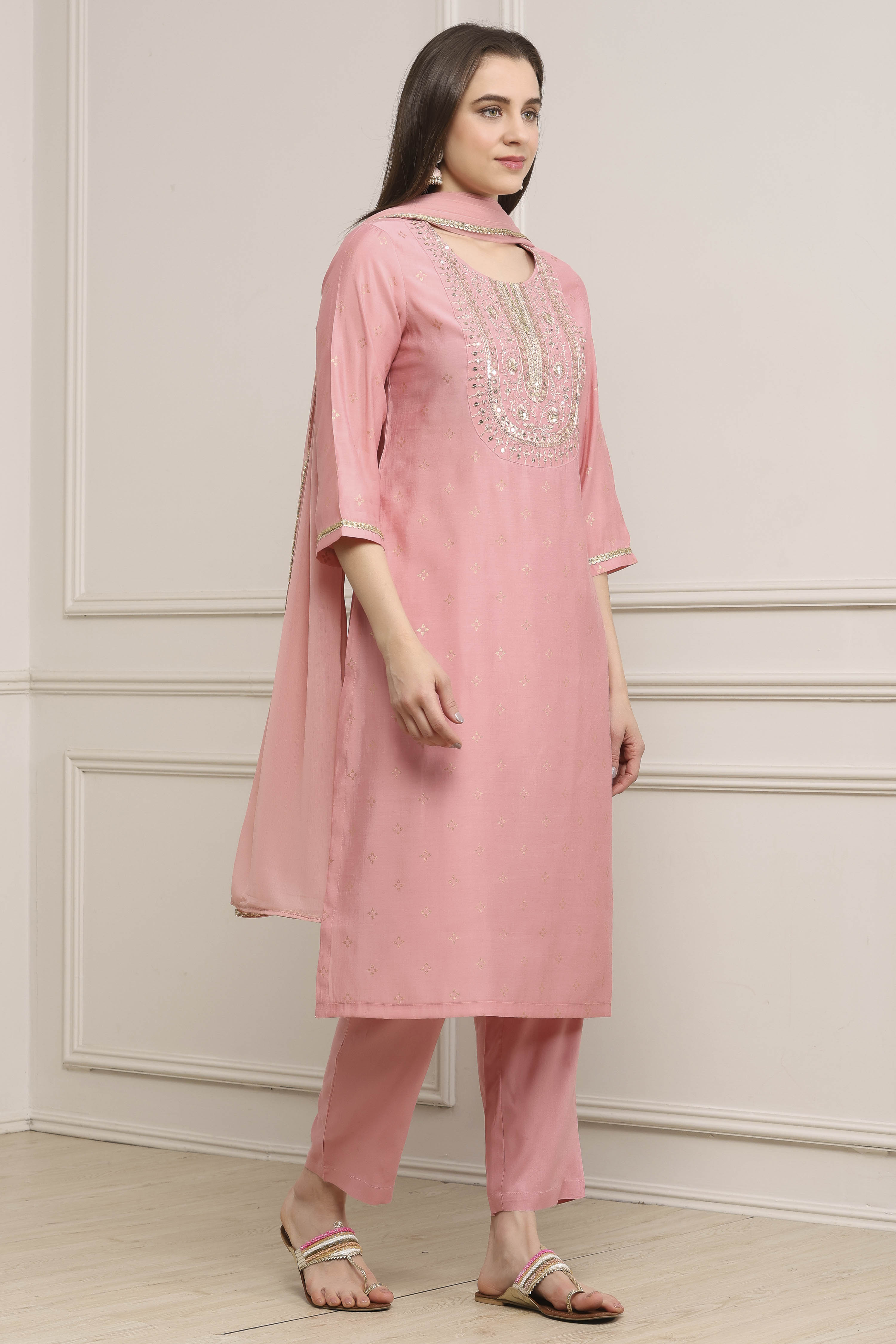 Light Pink Viscose Rayon Straight Suit Set image number 5