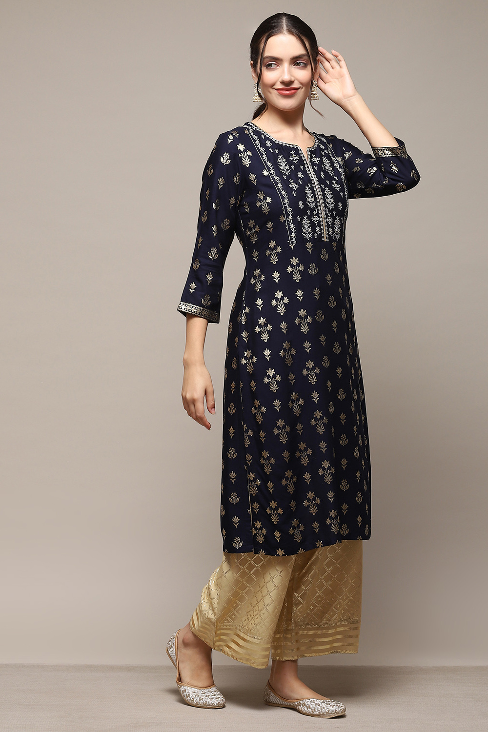 Navy Blue Rayon flax Straight Kurta Palazzo Suit Set image number 5