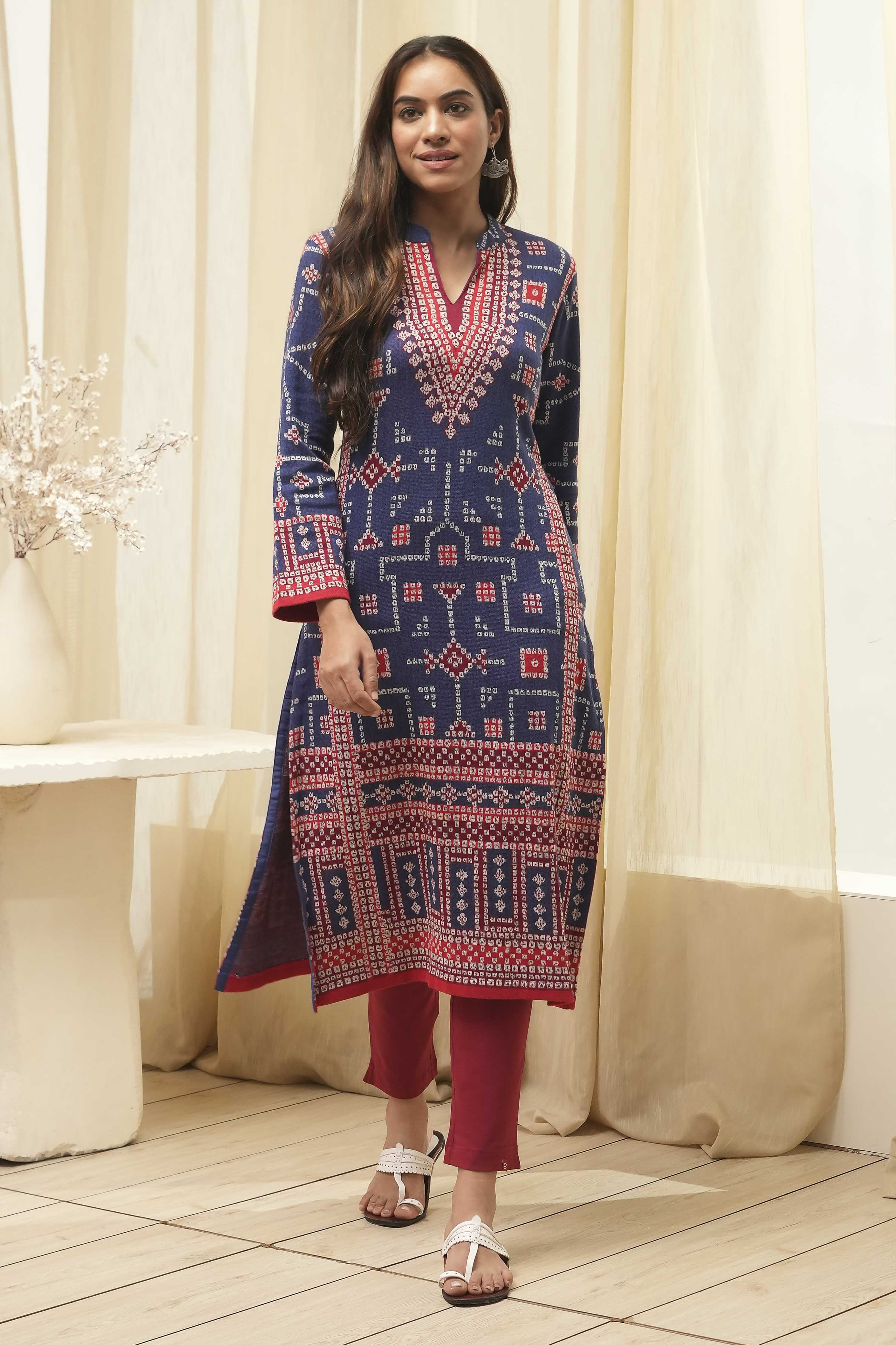 Royal Blue Acrylic Straight Kurta image number 5