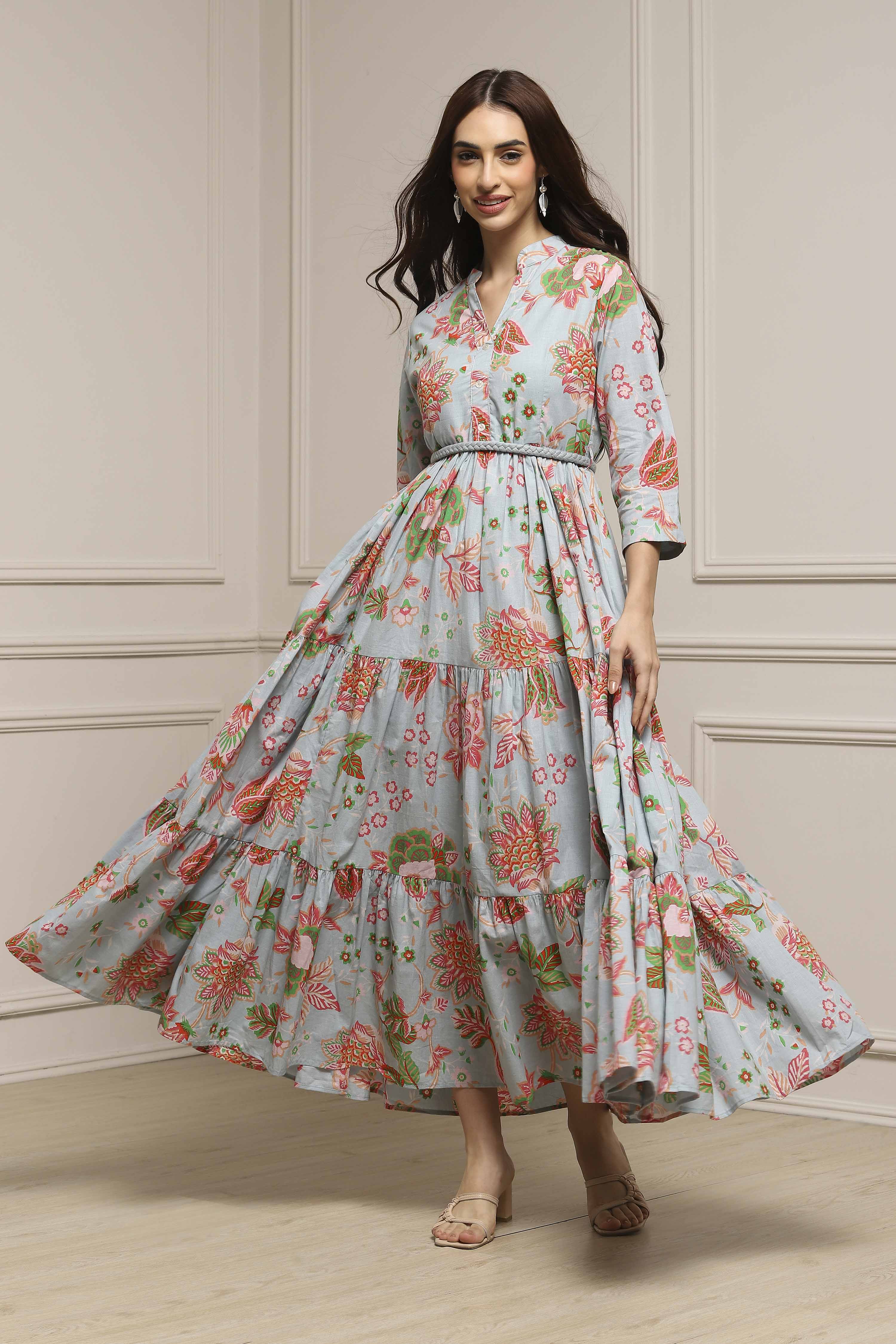 Earthy Blue Cotton Floral Tiered Dress image number 0