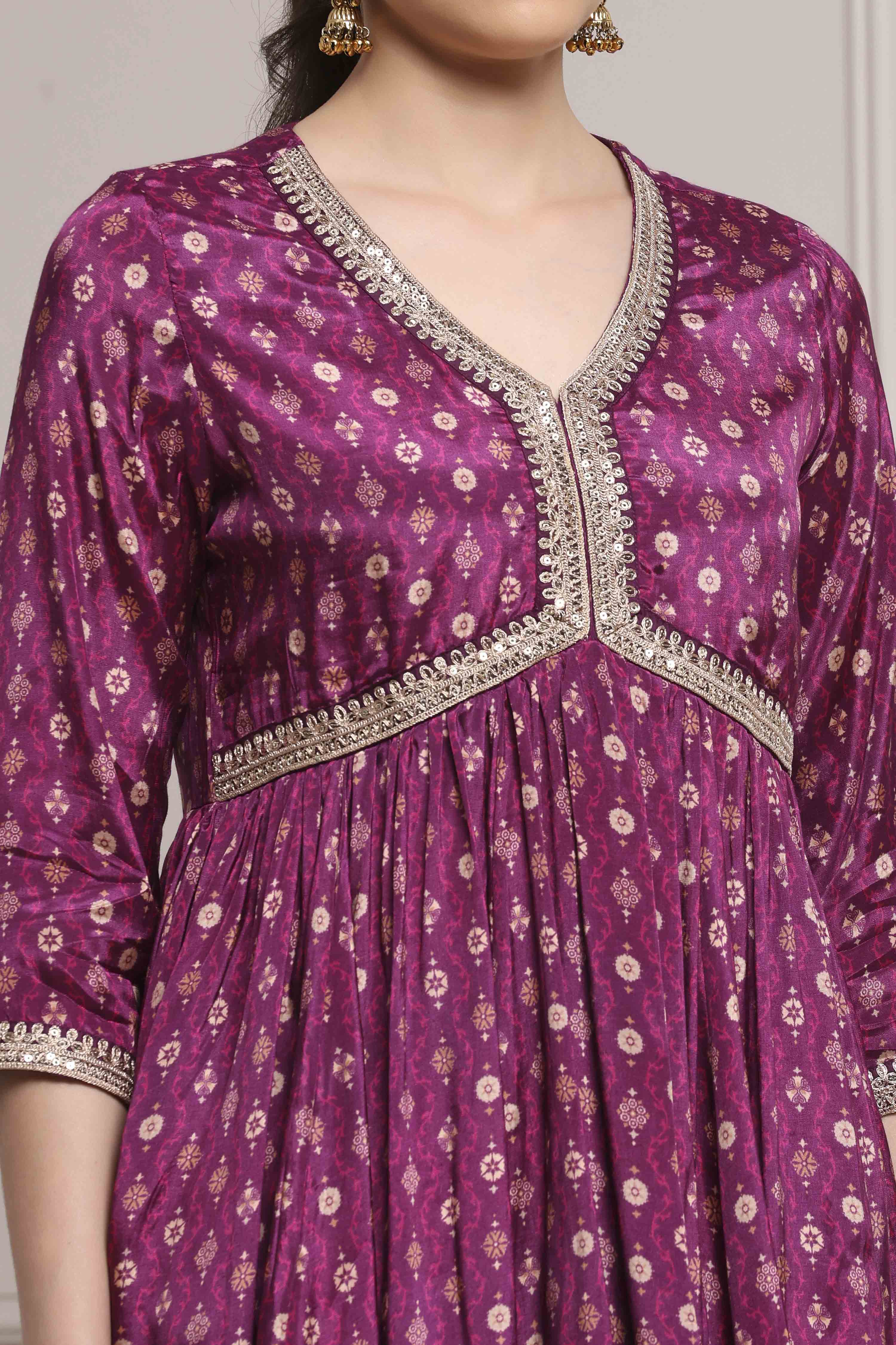 Purple Viscose Rayon Printed Peplum Fusion Set image number 1