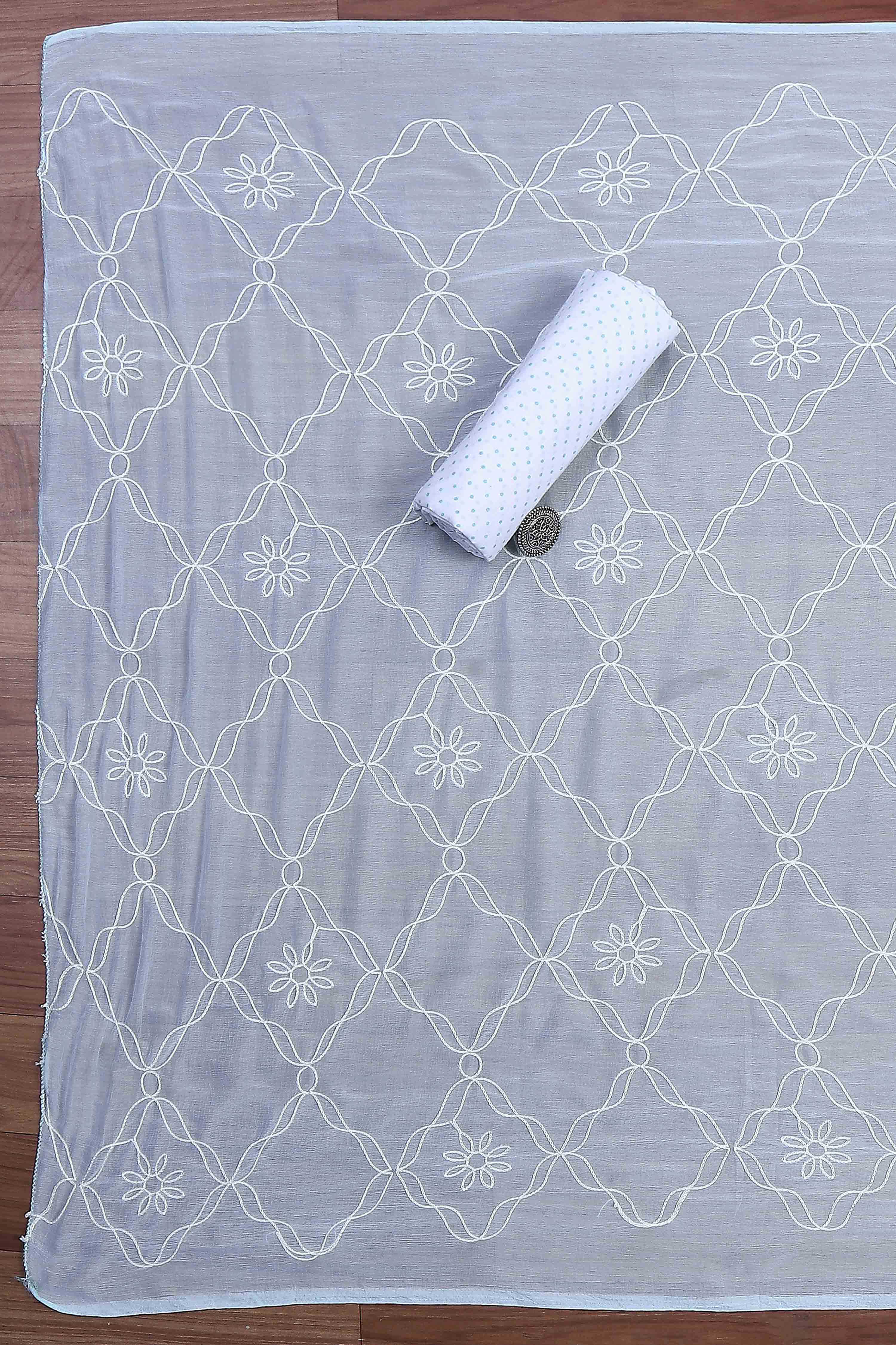Blue Cotton Printed Embroidered Unstitched Suit Set image number 3