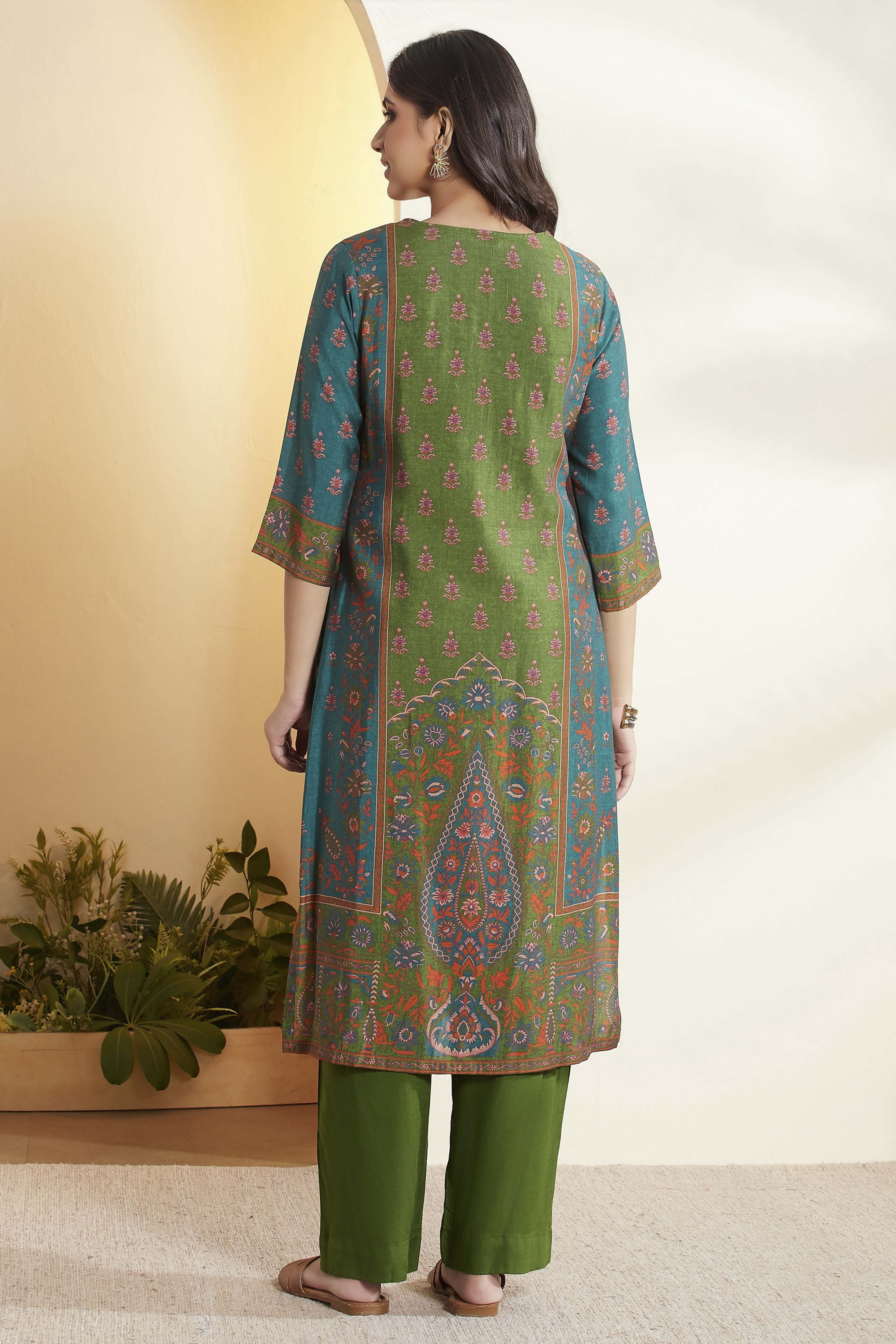 Teal & Red Printed Straight Cotton Silk Kurta Set image number 6