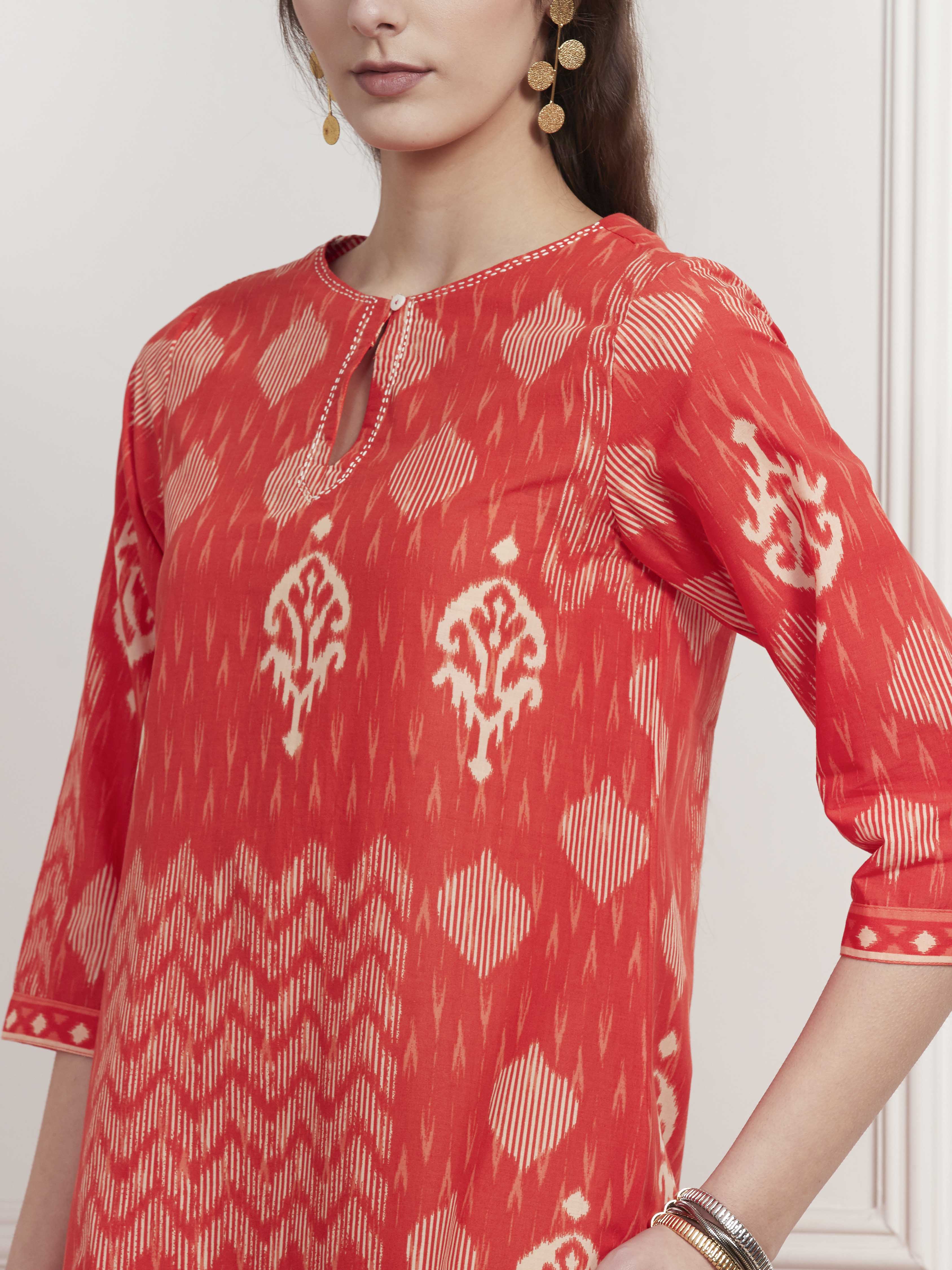 Orange Cotton Printed Straight Kurta image number 1