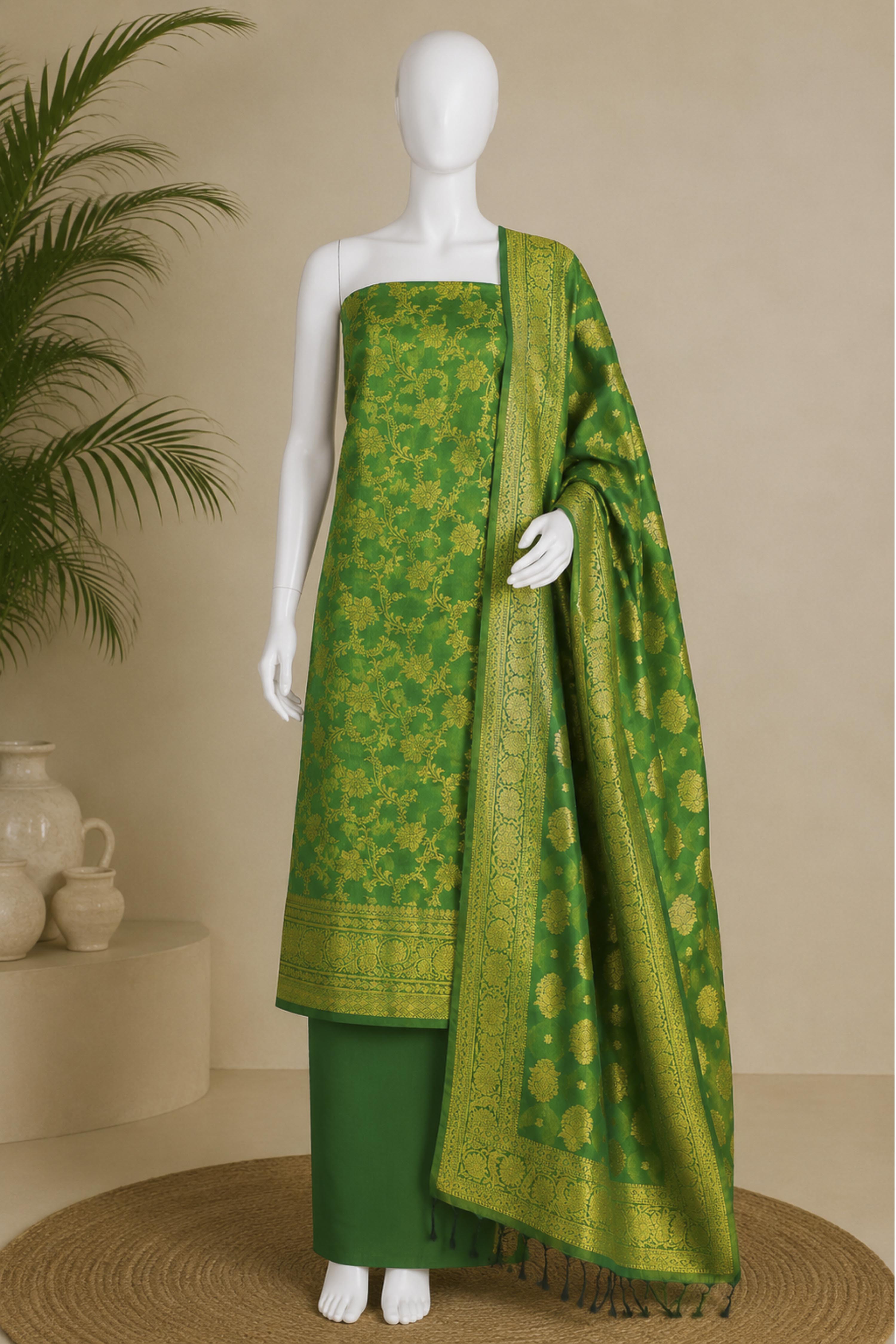 Green Chanderi Silk Printed Unstitched Suit Set image number 5