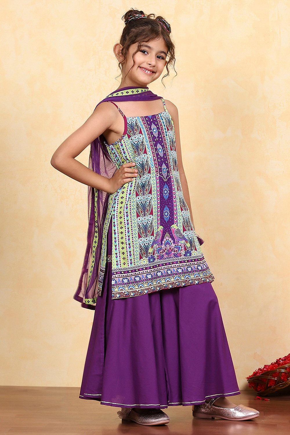 Purple Cotton Printed Straight Sharara Suit Set image number 5