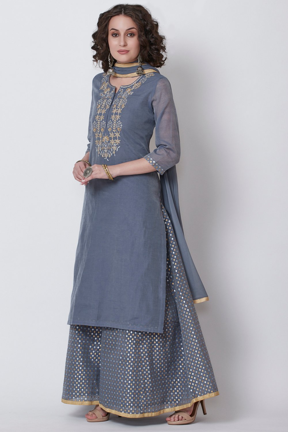 Grey Poly Cotton Straight Kurta Sharara Suit Set image number 4