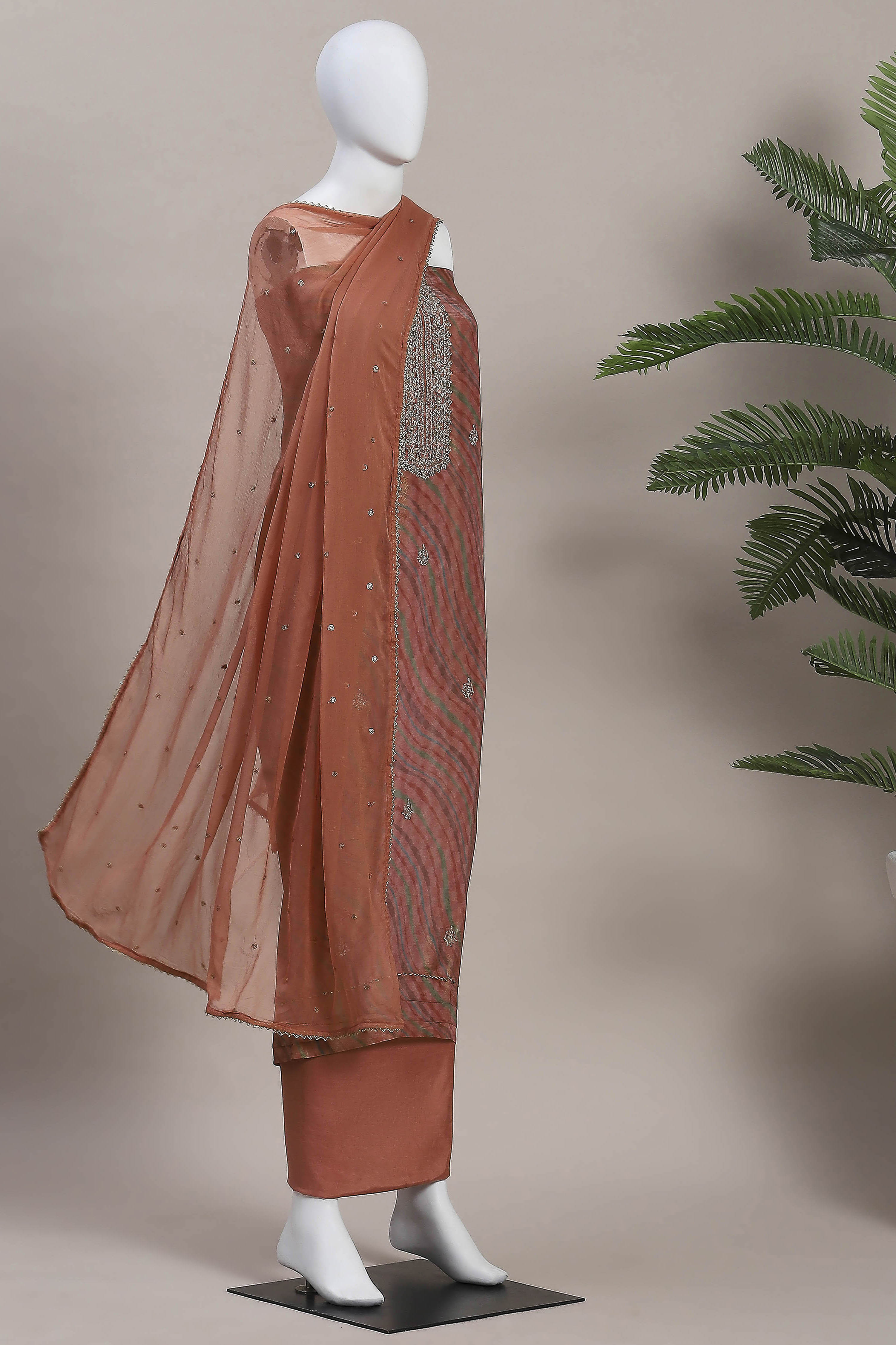 Olive Rust Cotton Printed Embroidered Unstitched Suit Set image number 4