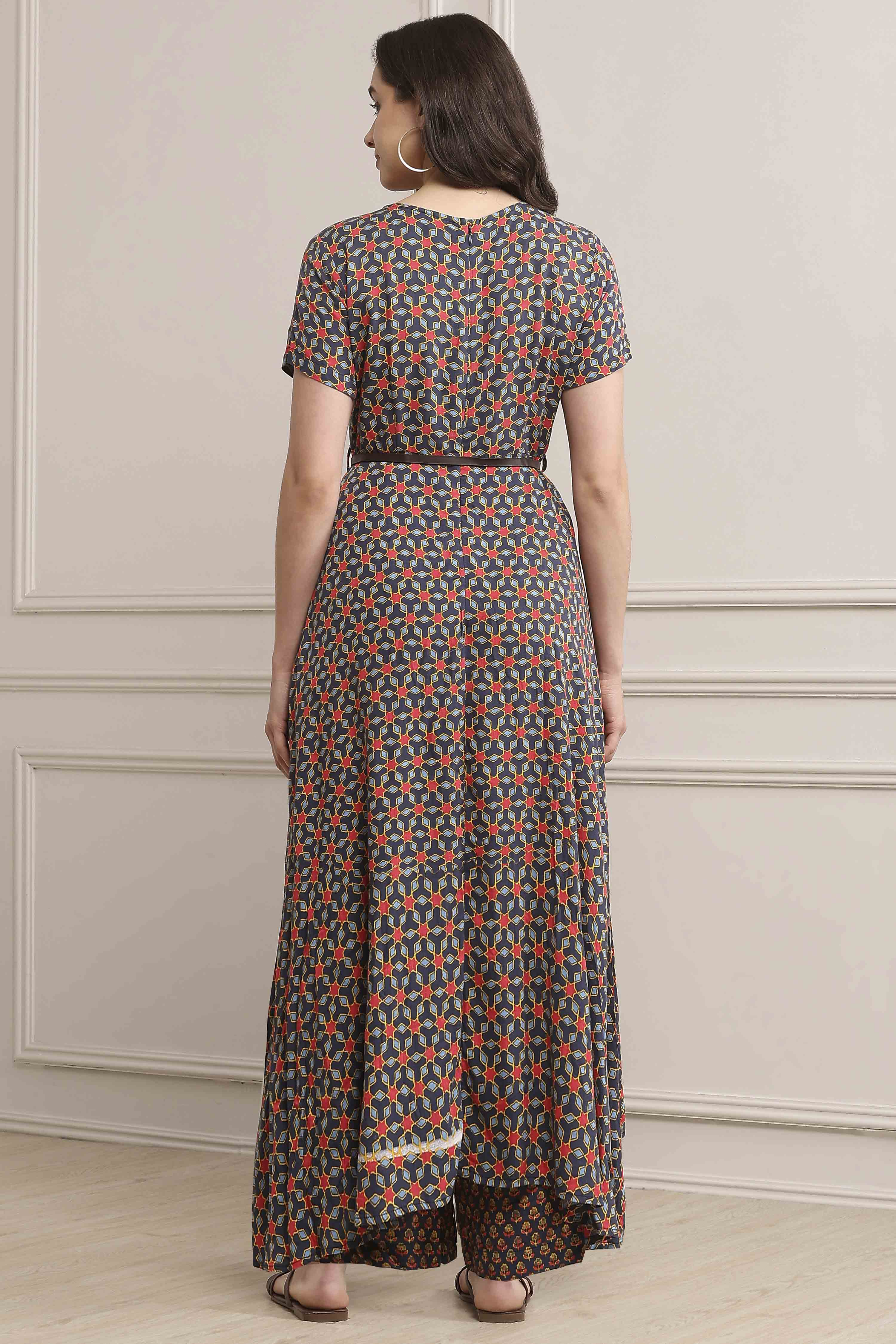 Indigo LIVA Straight Printed Jumpsuit Dress image number 3