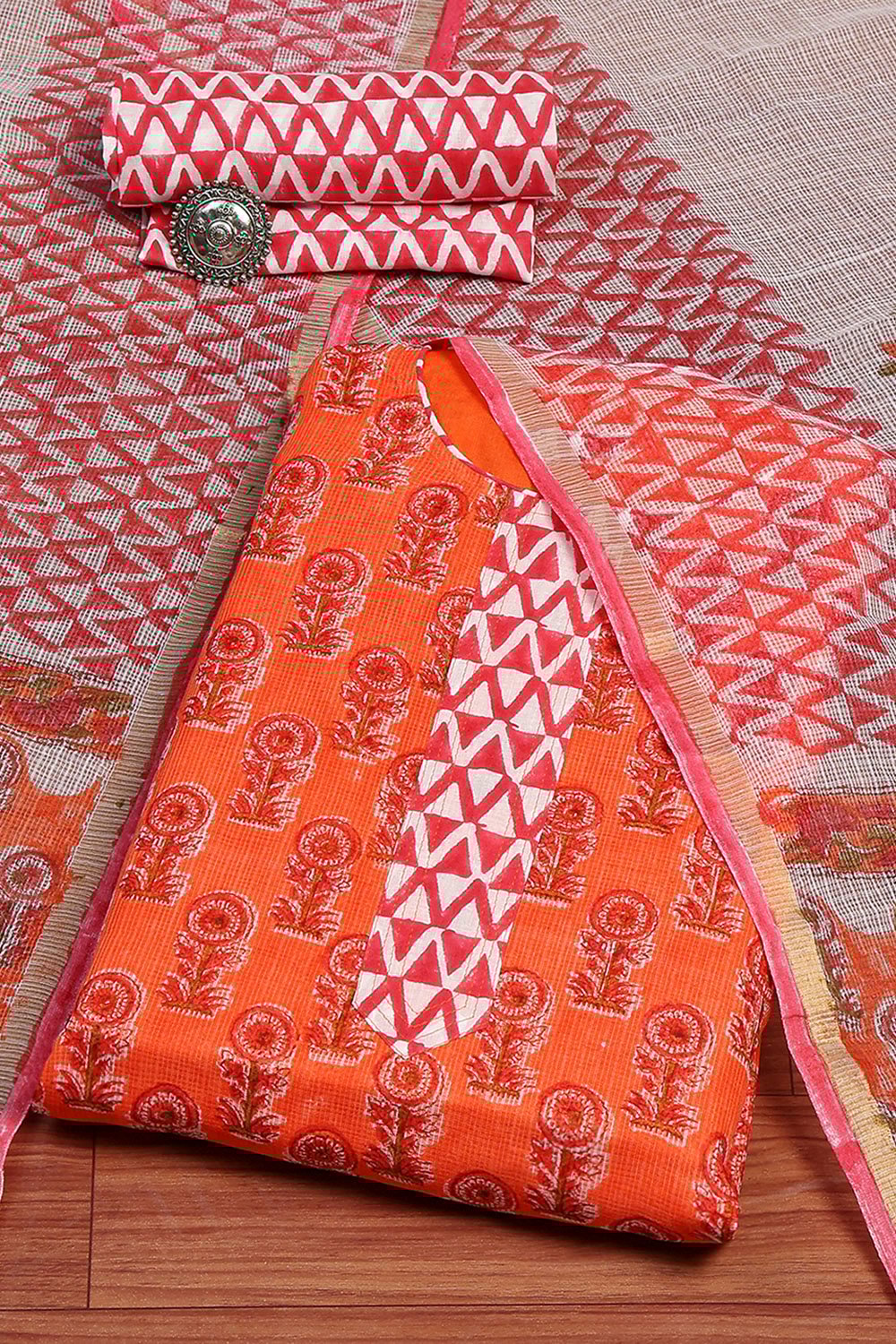 Yellow Cotton Hand Block Print Unstitched Suit Set image number 0