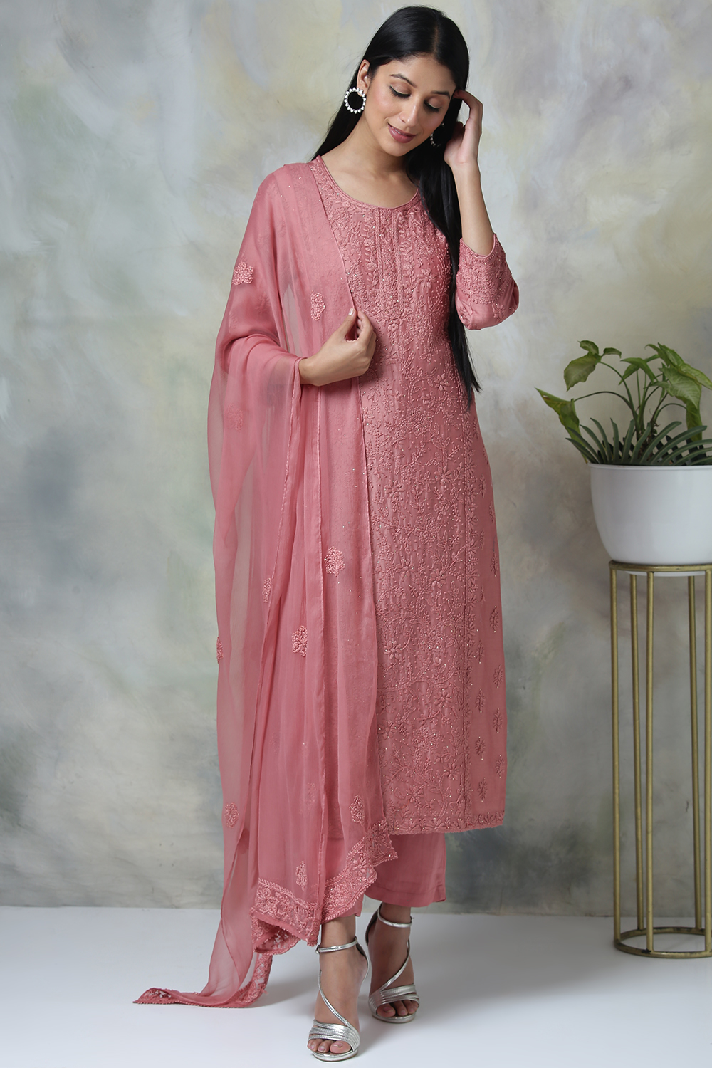 Onion Pink Cotton Silk Straight Kurta Pant Suit Set image number 4