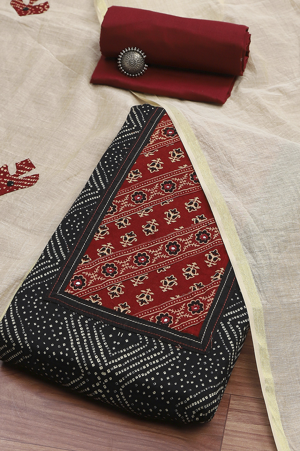 Black Cotton Blend Hand Block Print Unstitched Suit Set image number 0