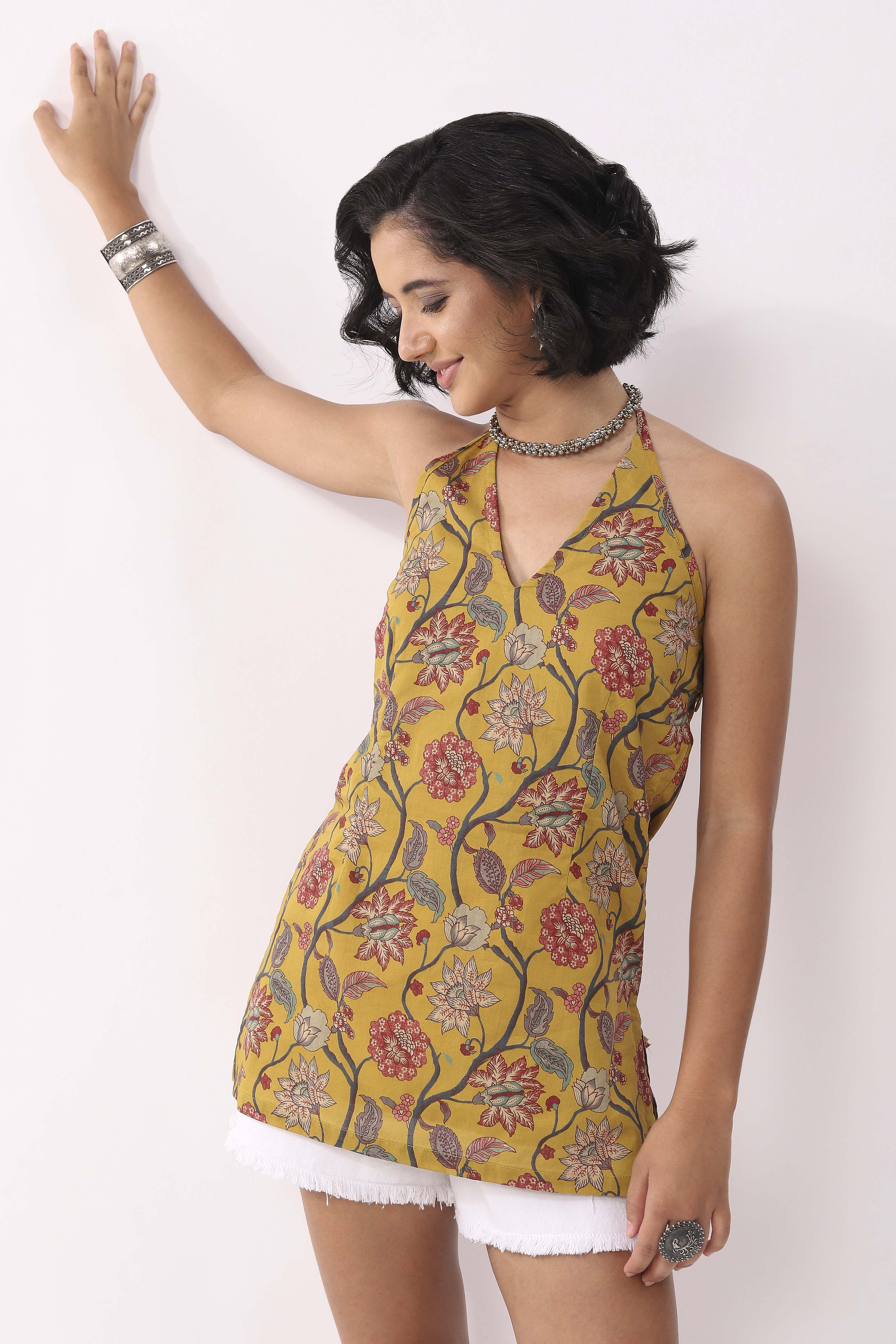 Mustard Cotton Printed A Line Short Kurti image number 6