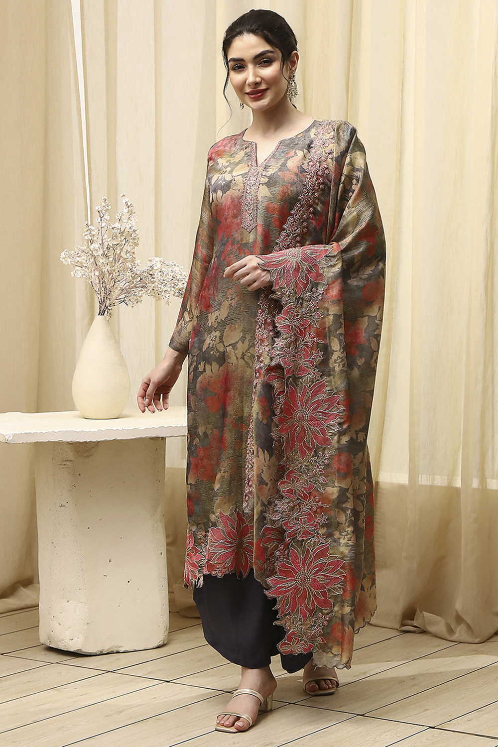 Grey Tissue Printed Embroidered Unstitched Suit Set image number 1