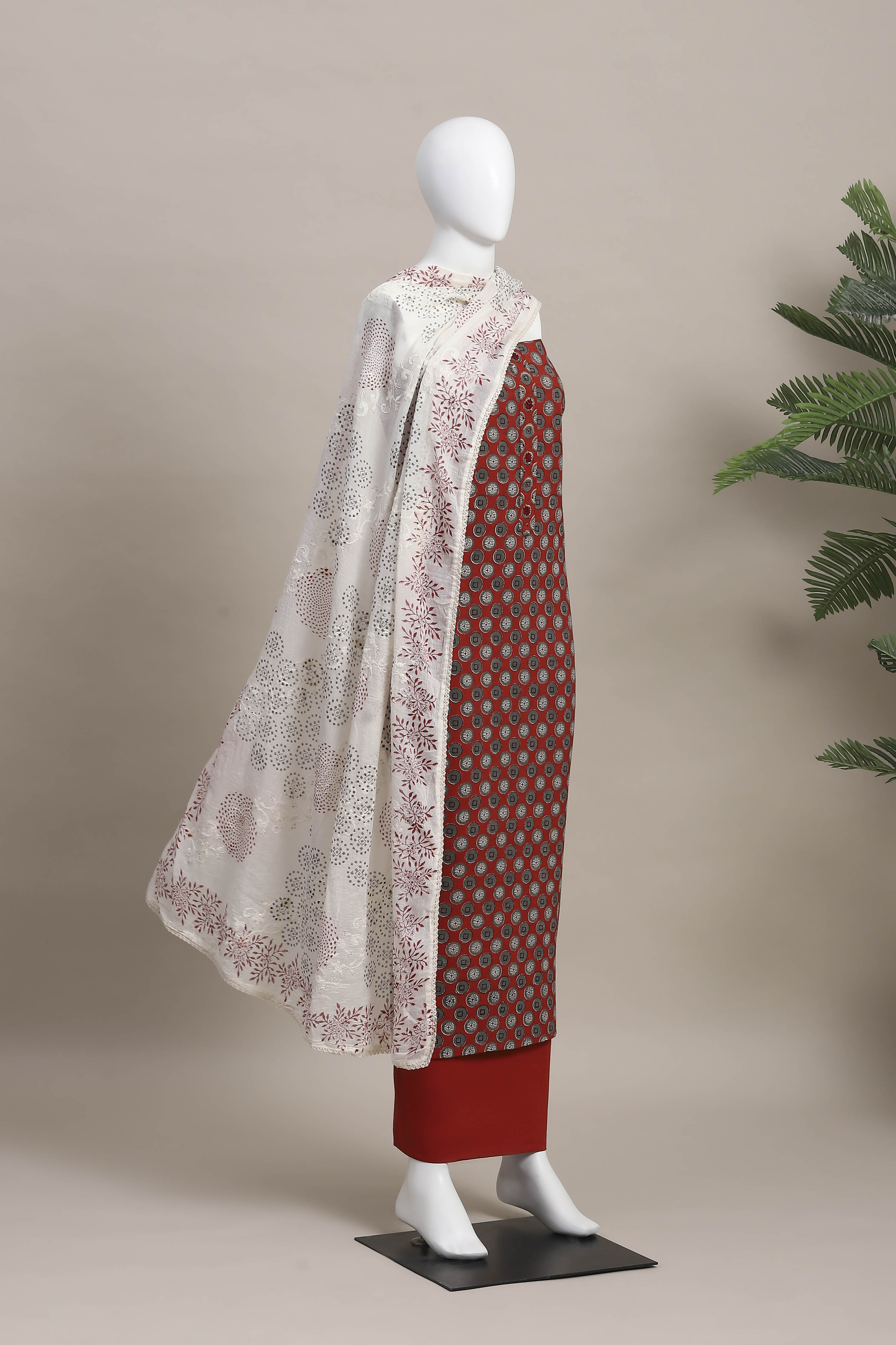 Red Cotton Printed Embroidered Unstitched Suit Set image number 4