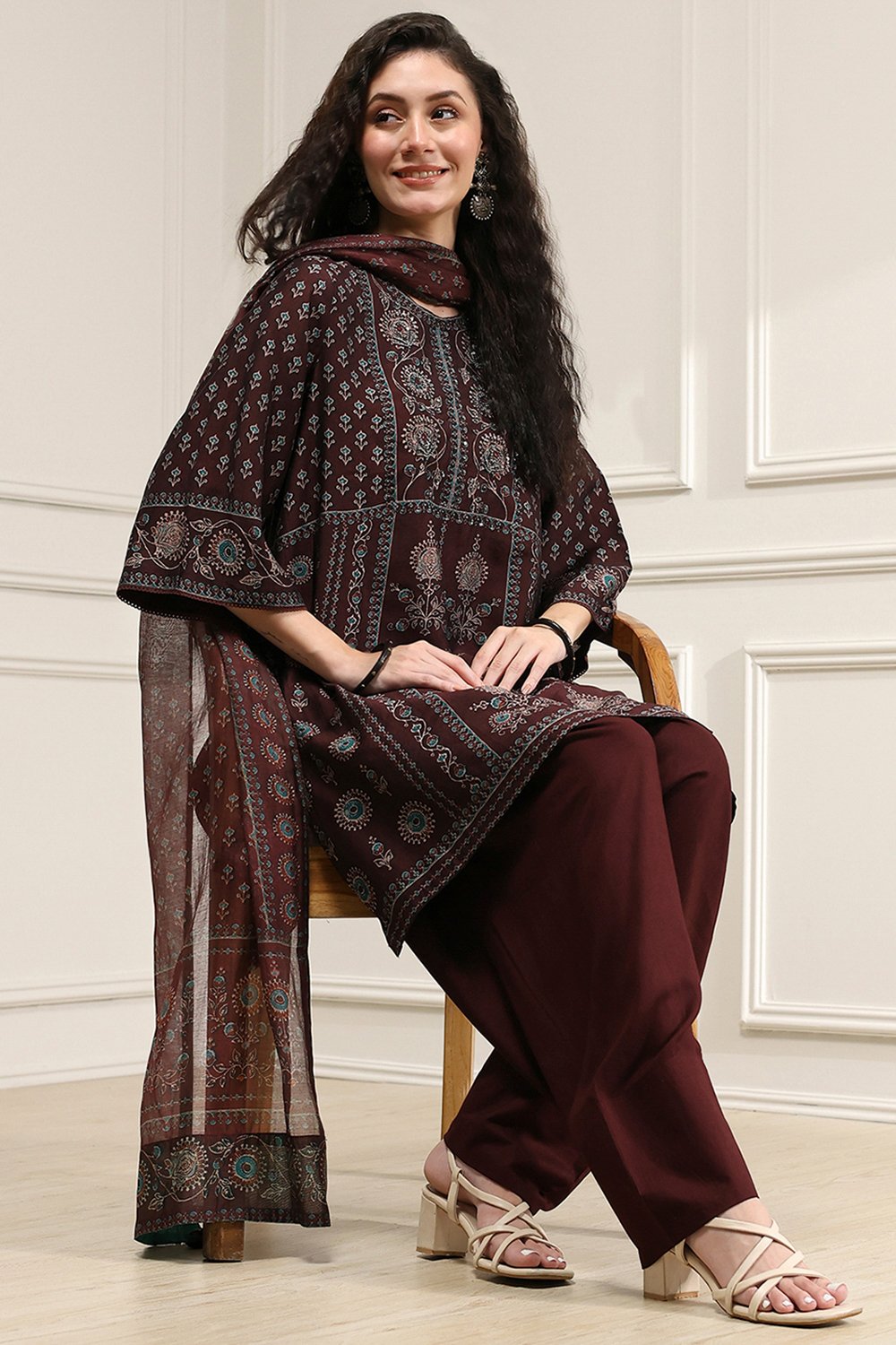 Brown Printed Straight Suit Set image number 0