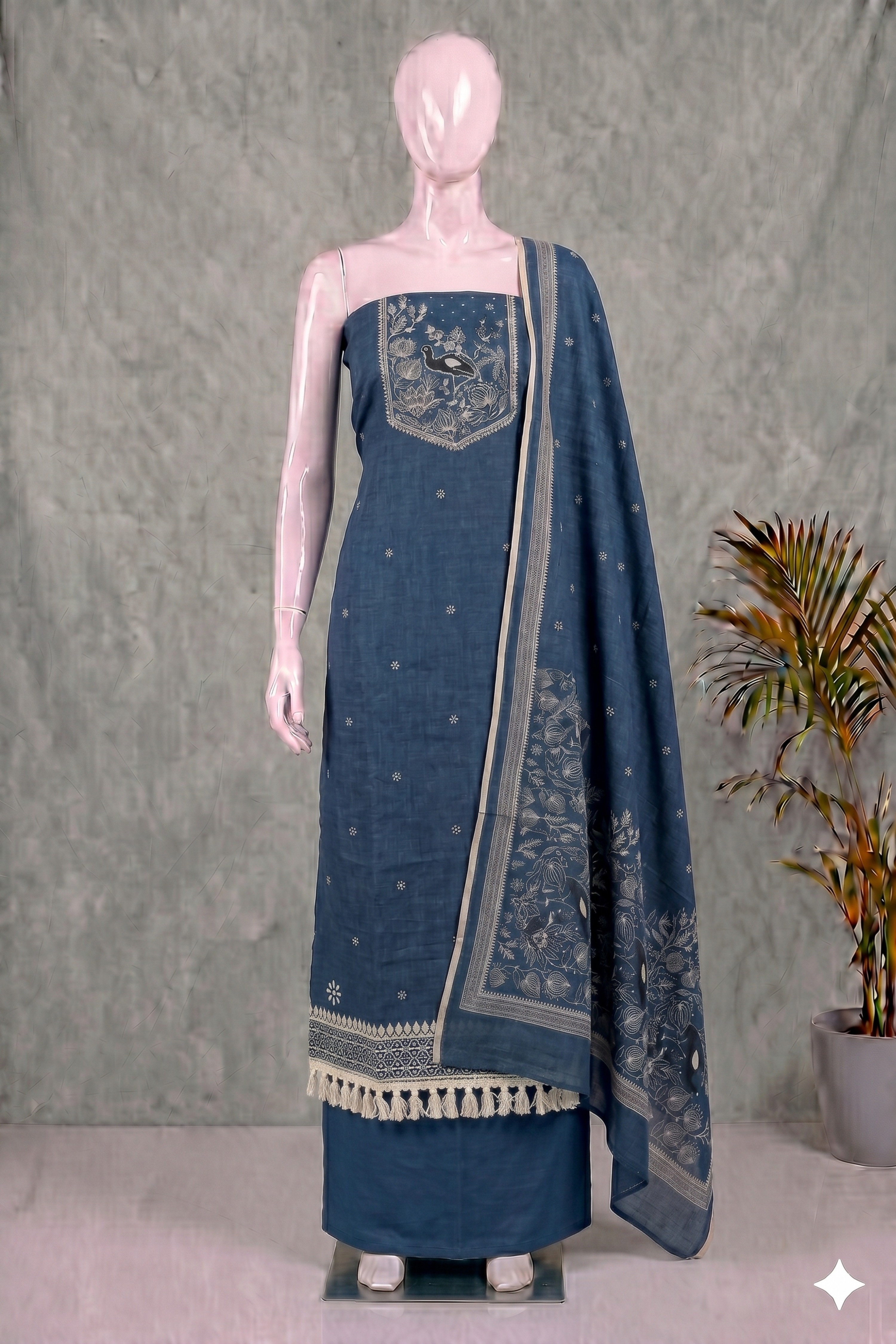 Blue Linen Jamdani Unstitched Suit Set image number 4