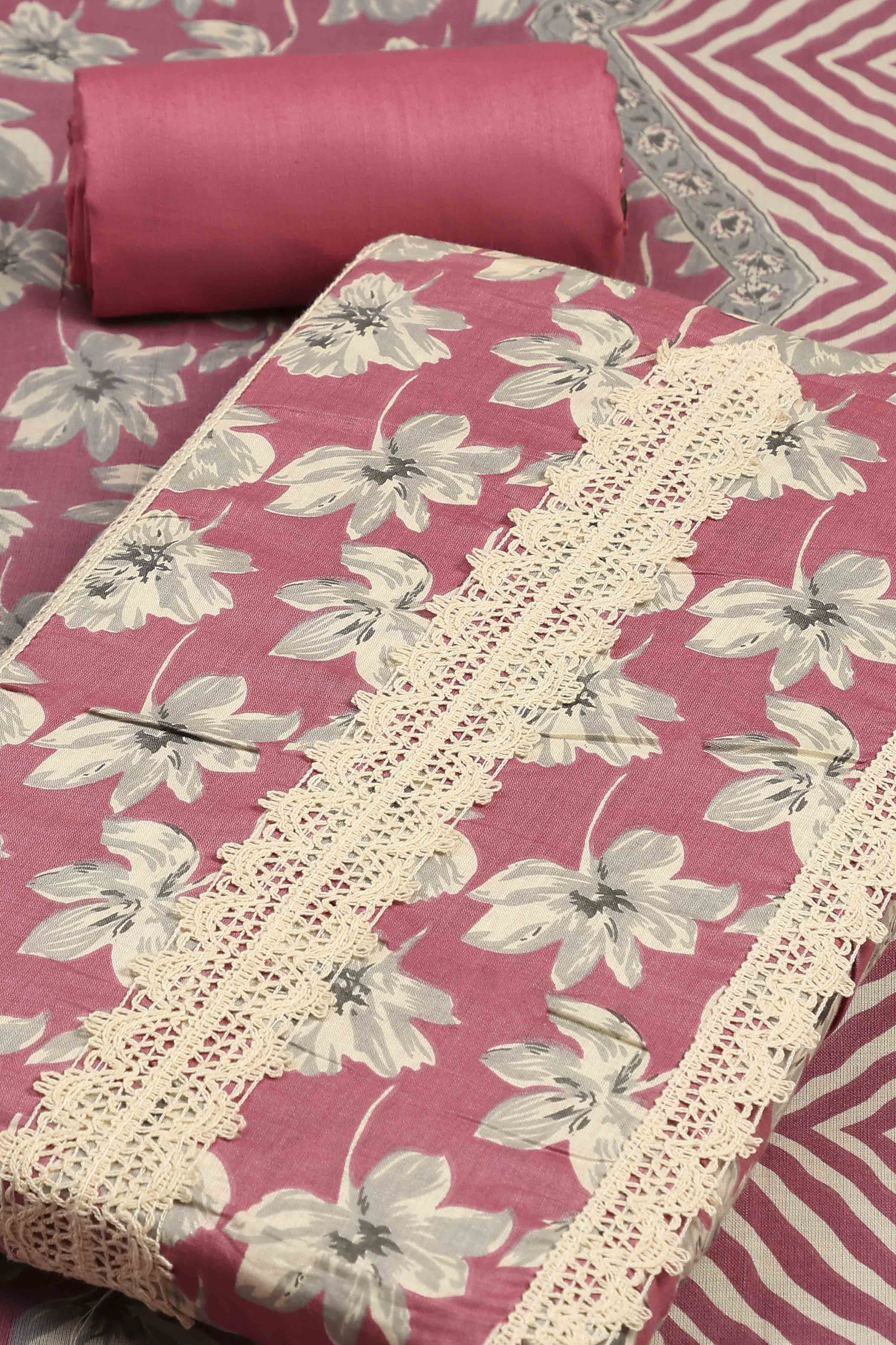 Pink Cotton Flower and Lace Work Unstitched Suit Set image number 1