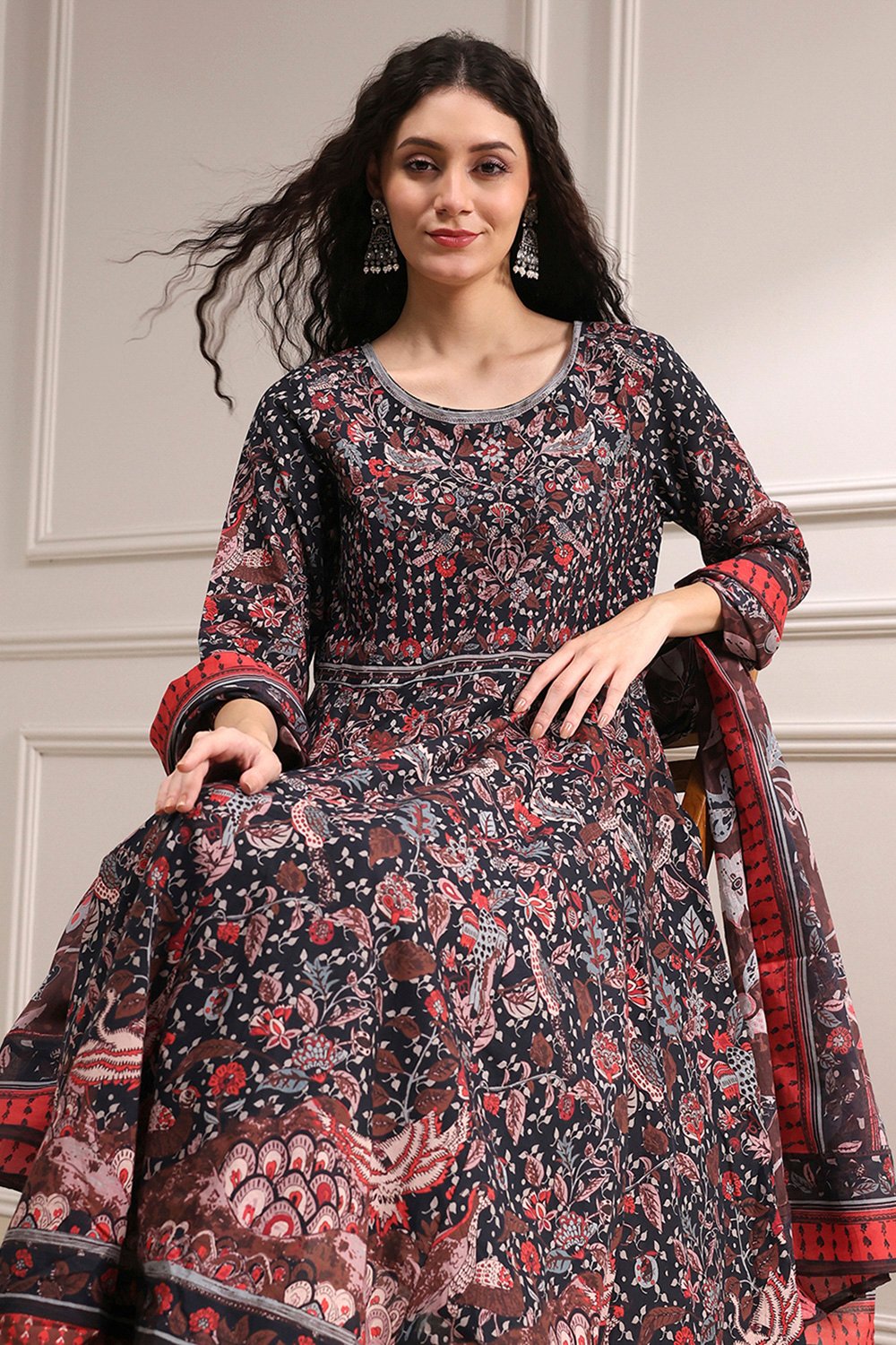 Black Cotton Fitted Anarkali Suit Set image number 7