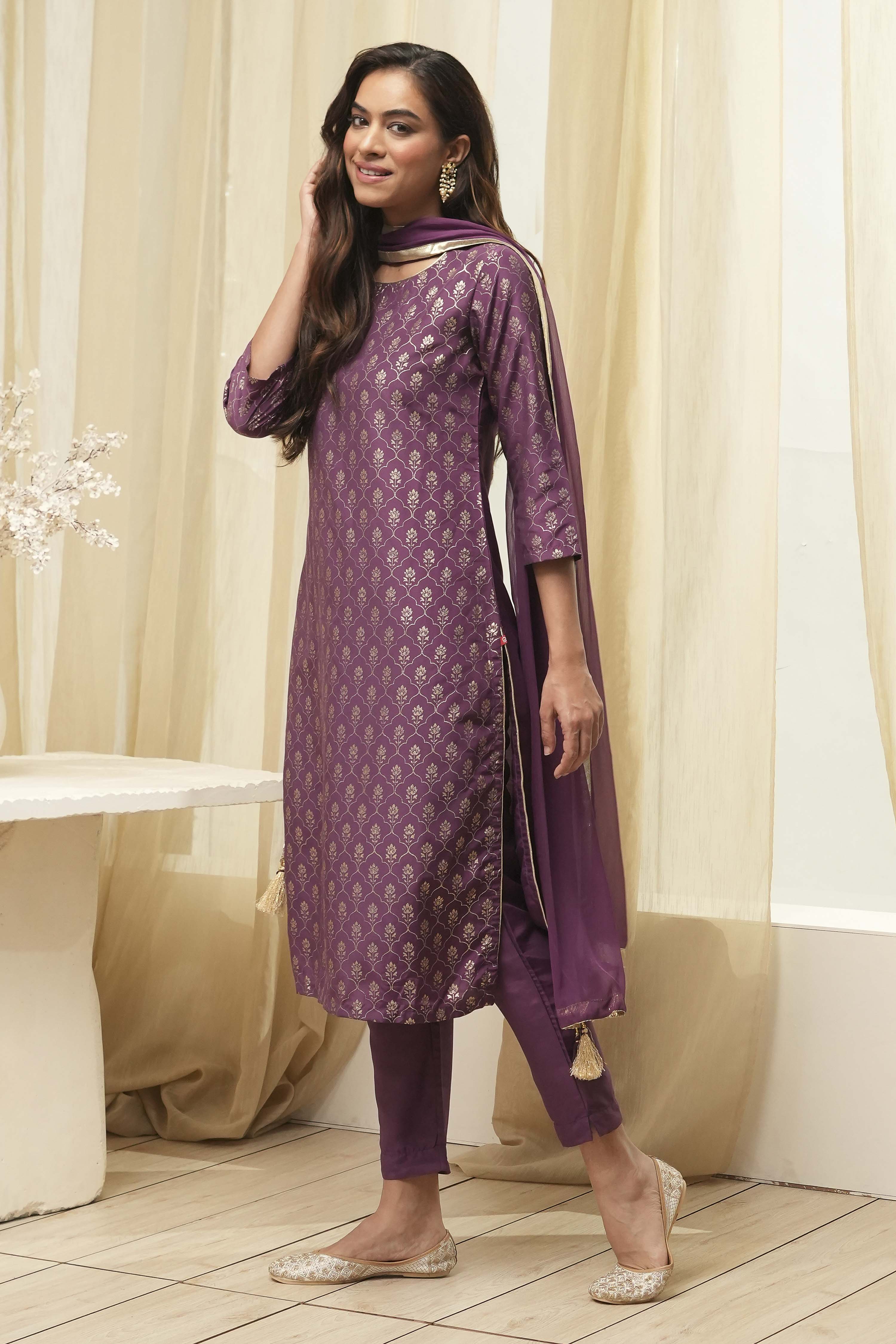 Dark Navy Art Silk Straight Kurta Slim Pants Suit Set image number 4