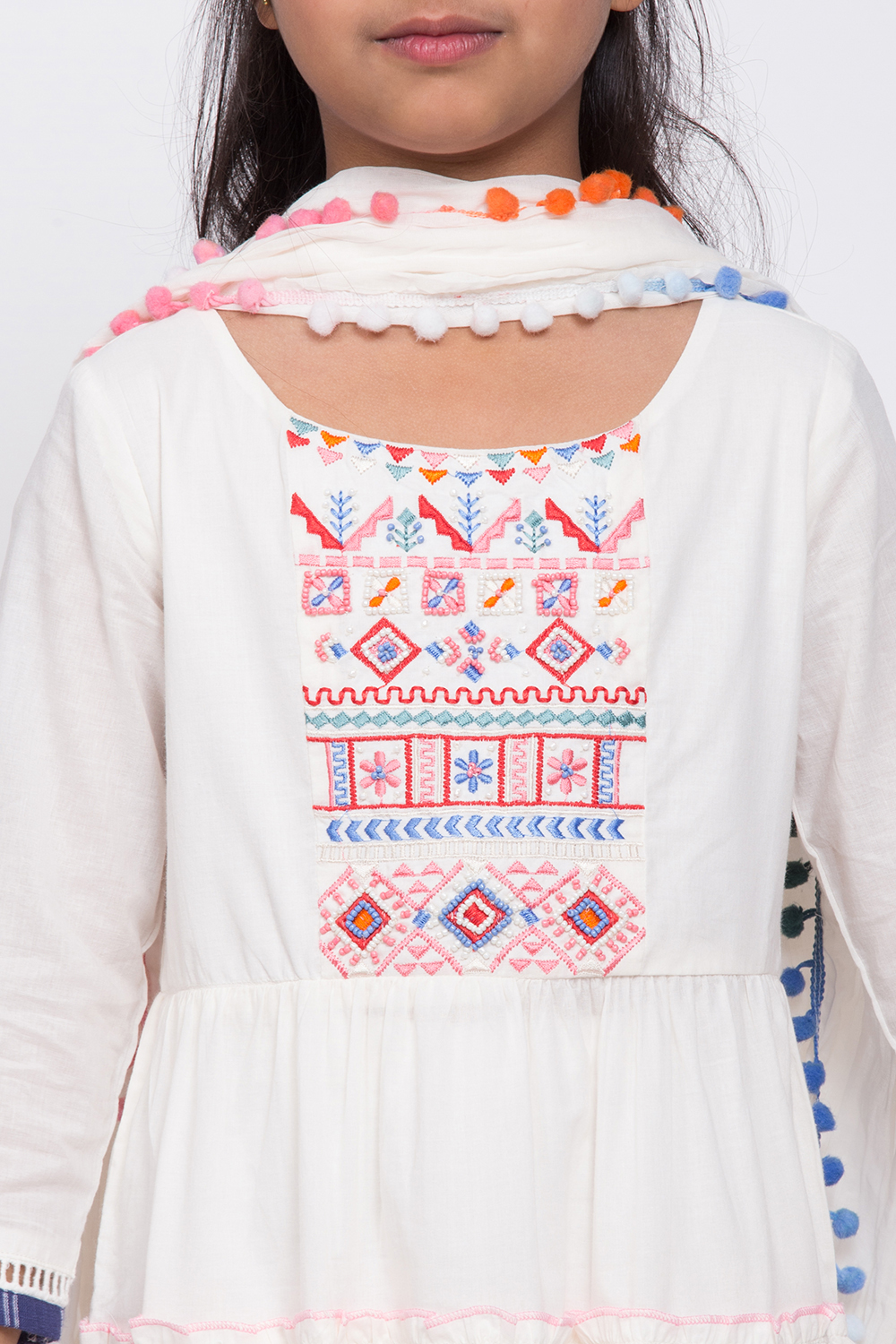 Off White Cotton Tiered Straight Kurta Churidar Suit Set image number 1