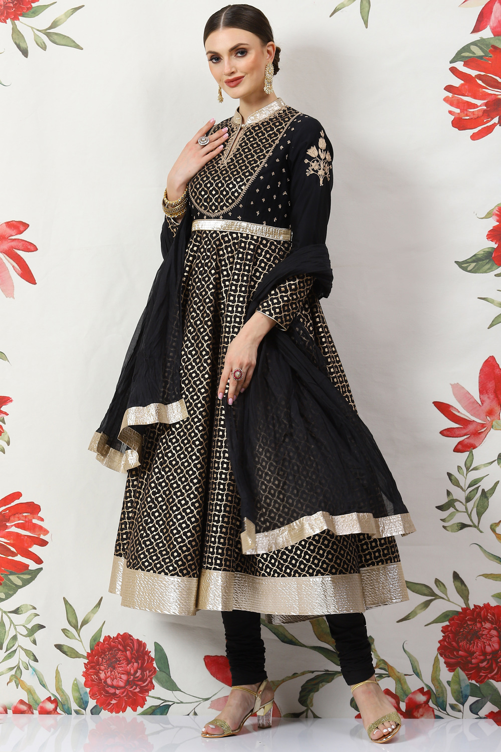 Black Cotton Silk Anarkali Yarndyed Suit Set image number 0