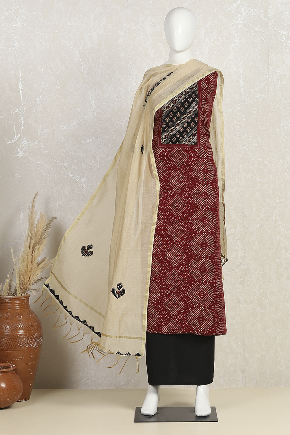 Black Cotton Blend Hand Block Print Unstitched Suit Set image number 4