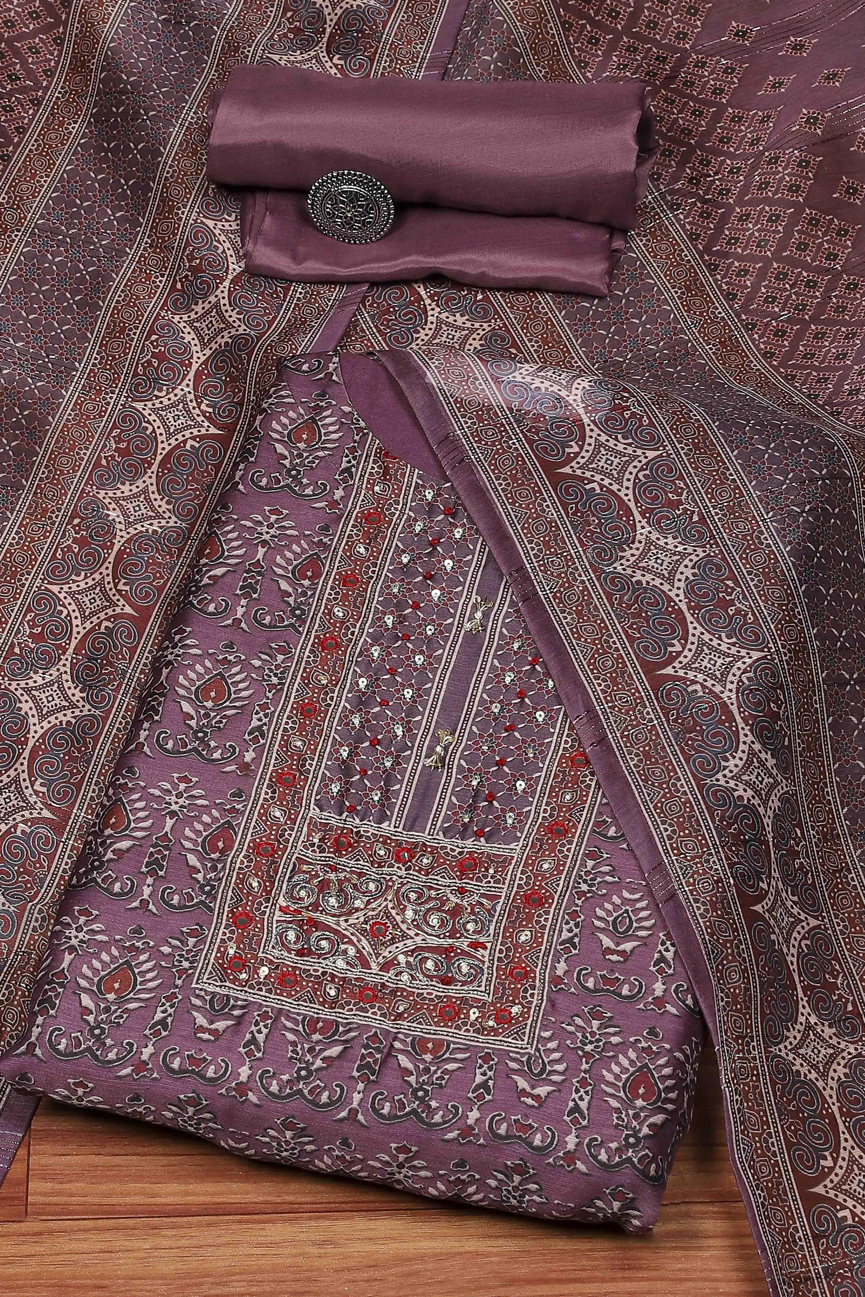 Green Chanderi Blend Printed Embroidered Unstitched Suit Set image number 0