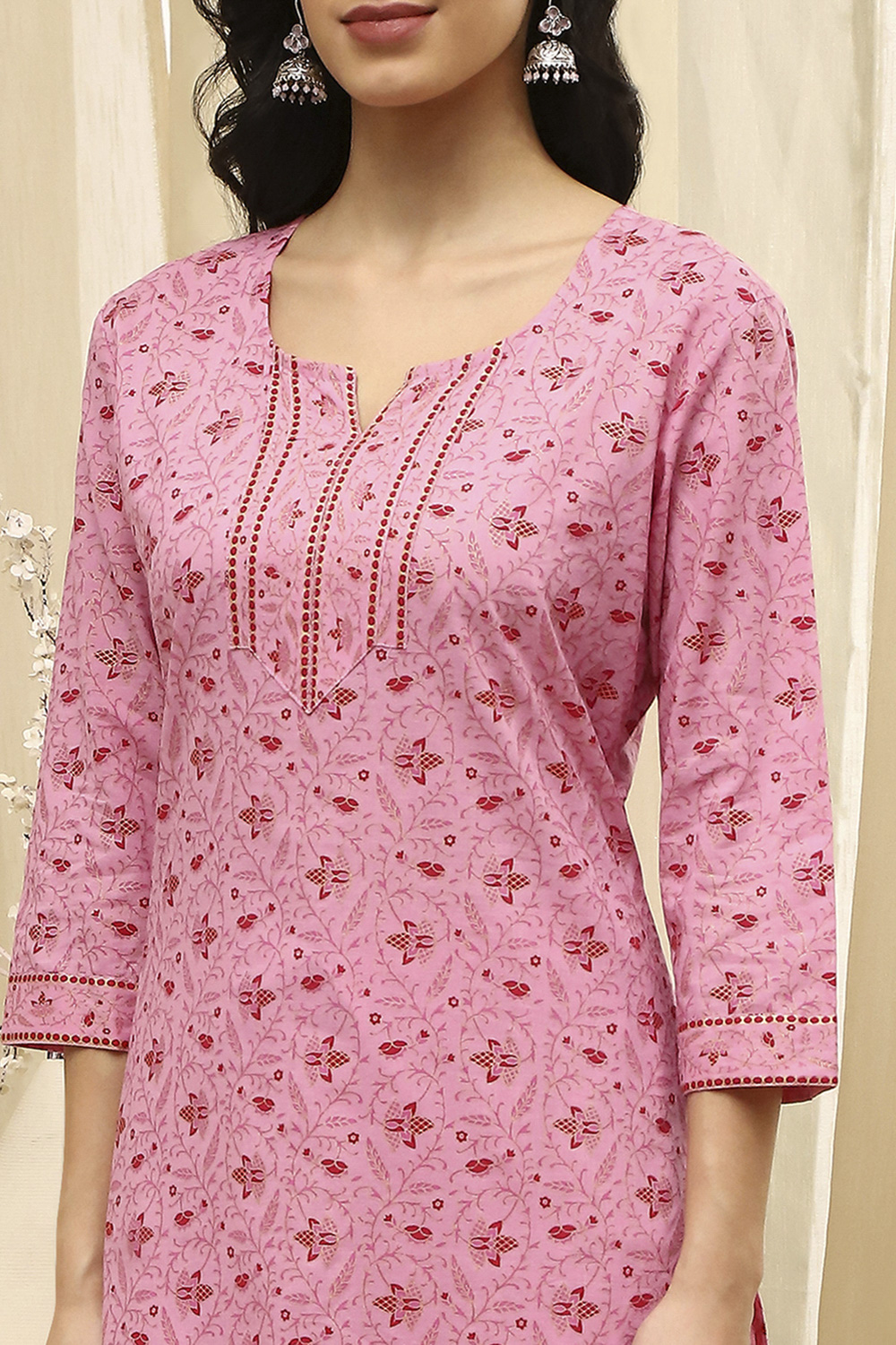 Pink Cotton Screen Print Unstitched Suit Set image number 2