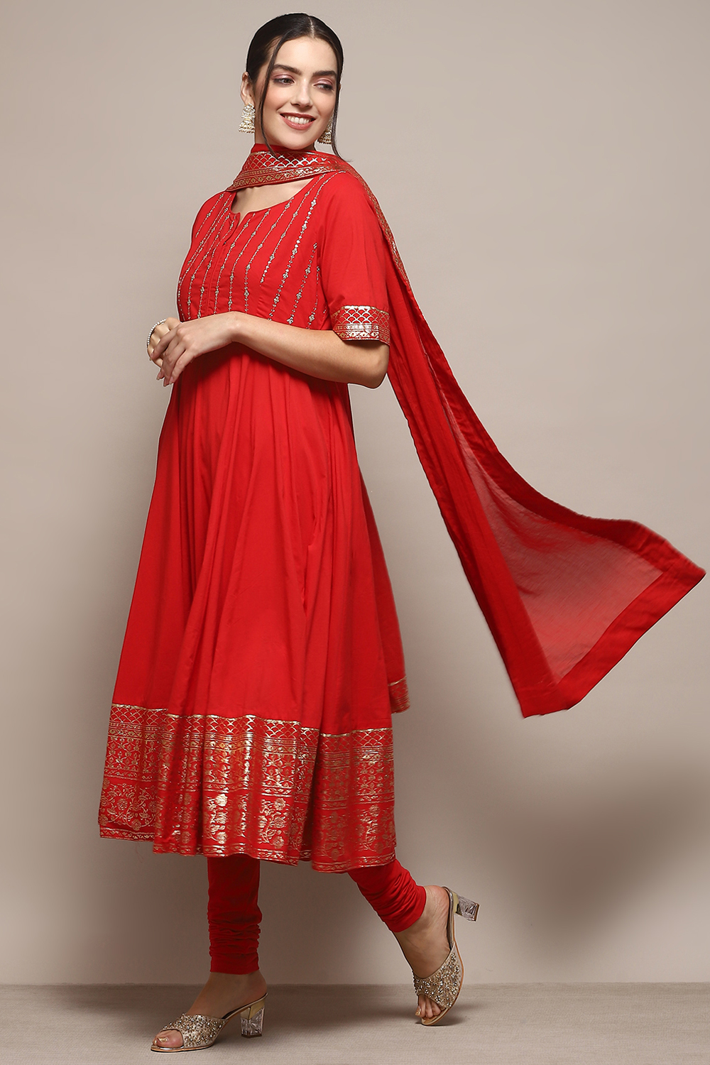 Red Cambric Anarkali Kurta Churidar Suit Set image number 4