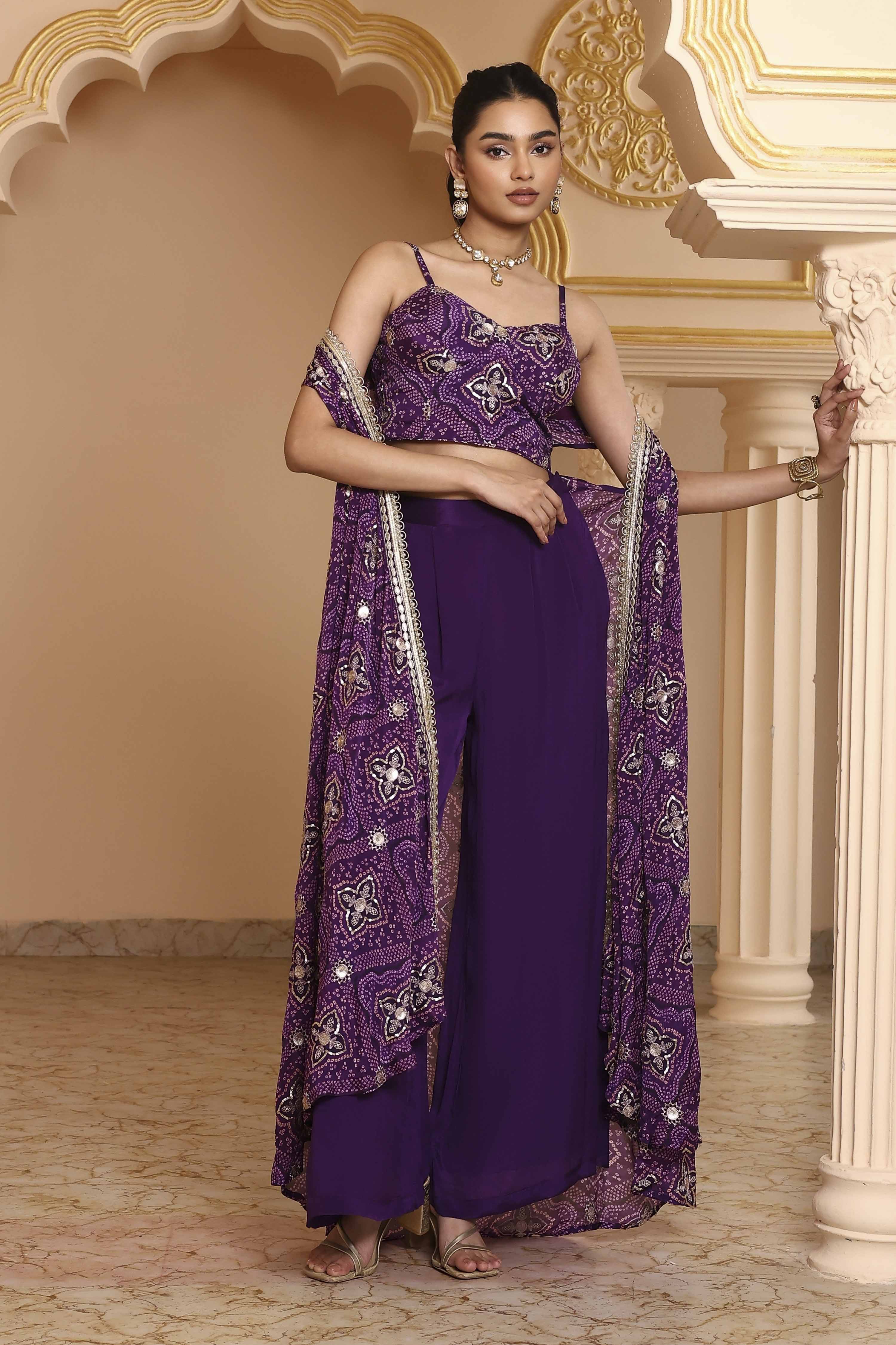 Purple Pure Chinnon Bandhani Printed Fusion Set image number 0