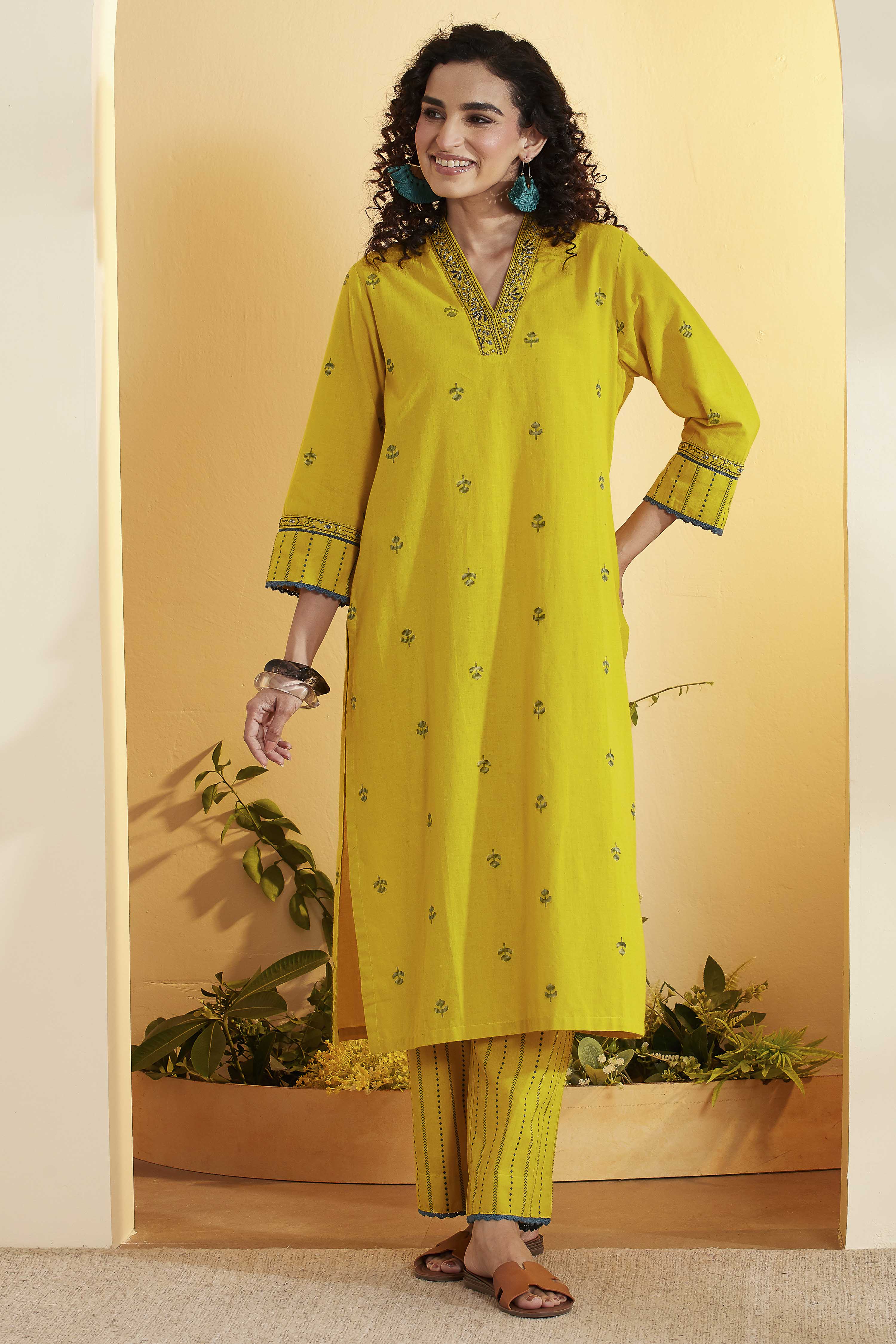 Lime Yellow Cotton Yarndyed Straight Kurta Set image number 0