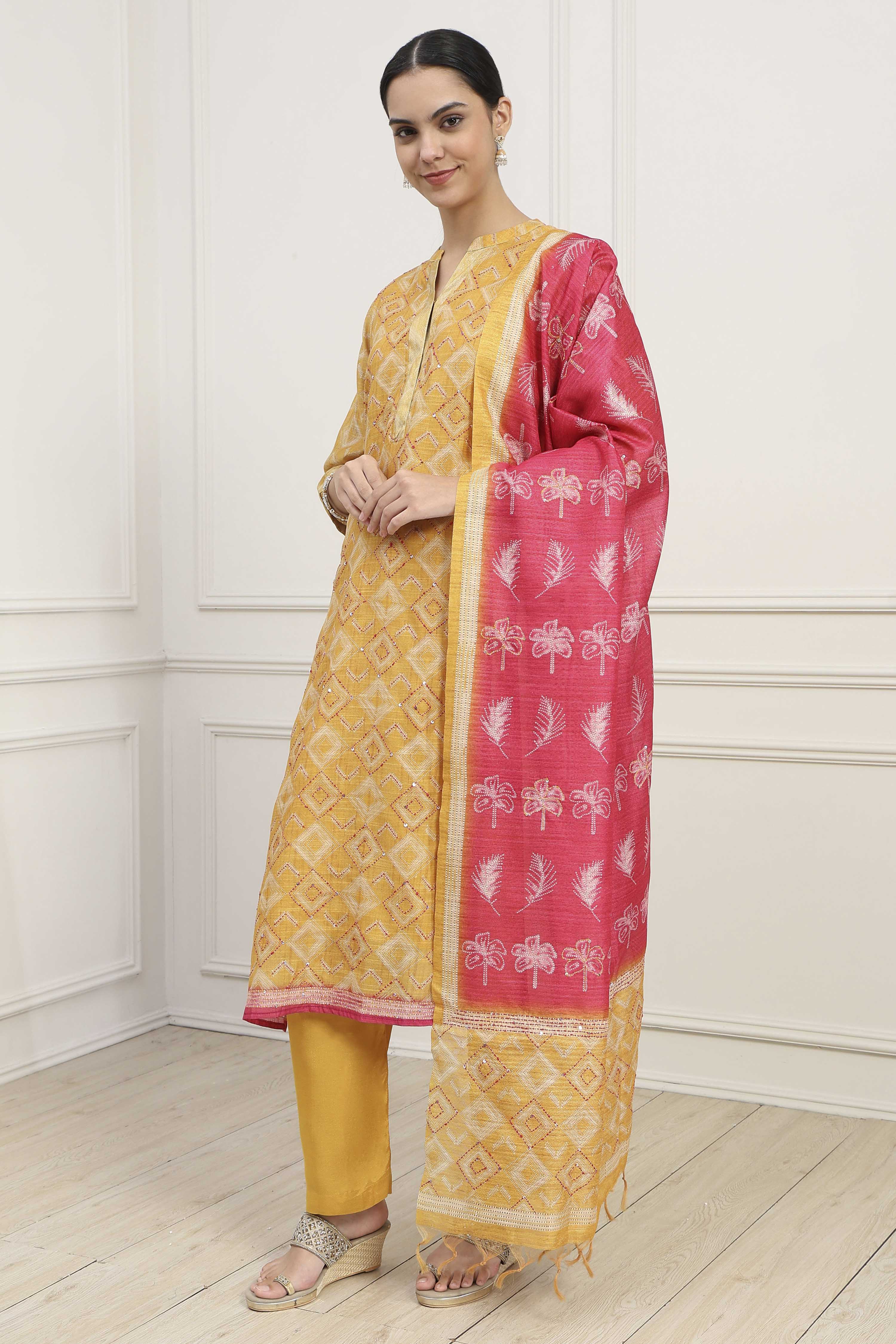 Yellow Silk Blend Printed Unstitched Suit Set image number 4