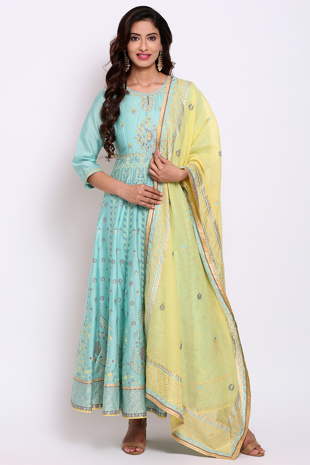 Sky Blue Cotton Silk Anarkali Kurta Churidar Suit Set image number 2