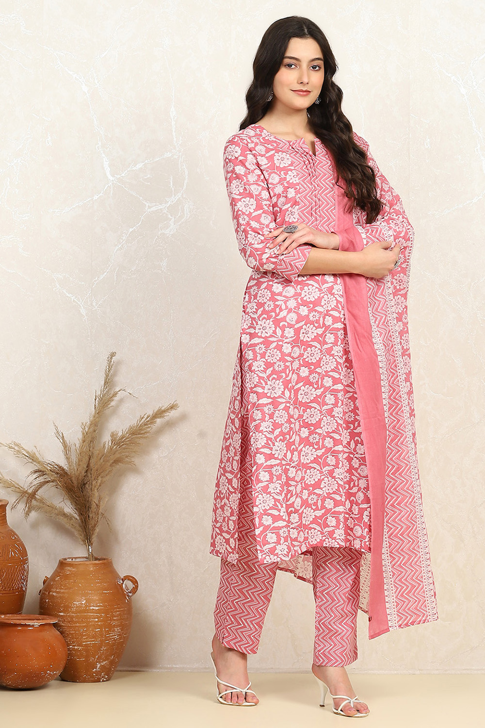 Mustard Cotton Screen Print Unstitched Suit Set image number 6
