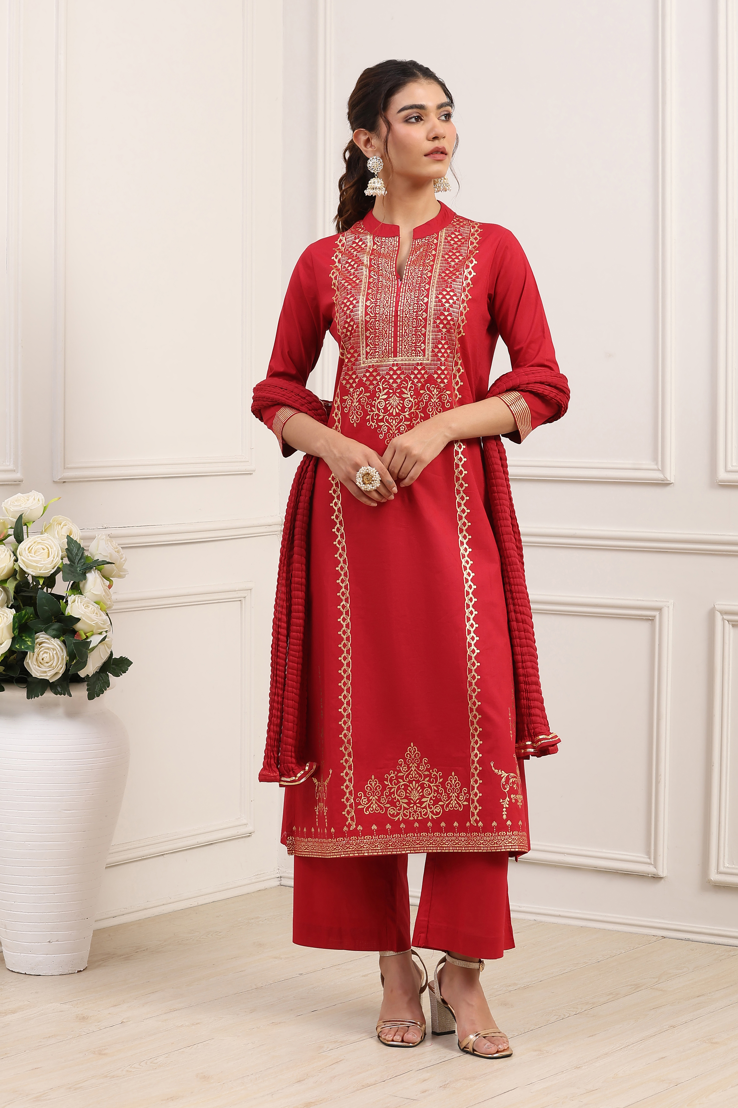 Navy Cotton Straight Kurta Palazzo Suit Set image number 6